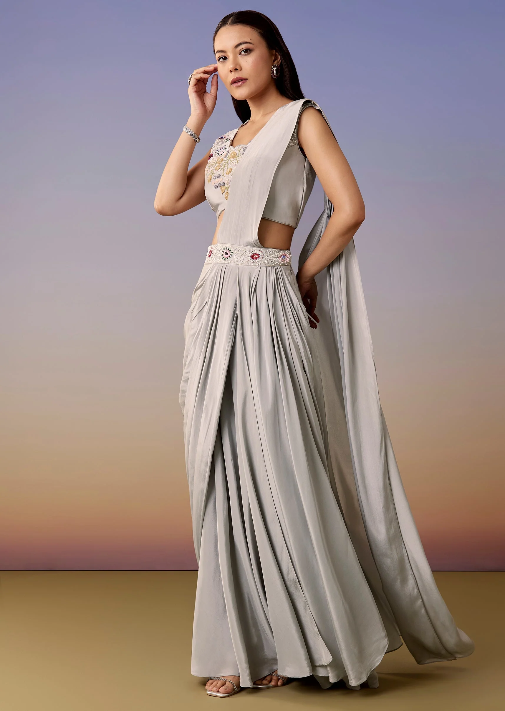 Blue Cape Pre Draped Saree Set - Image 6