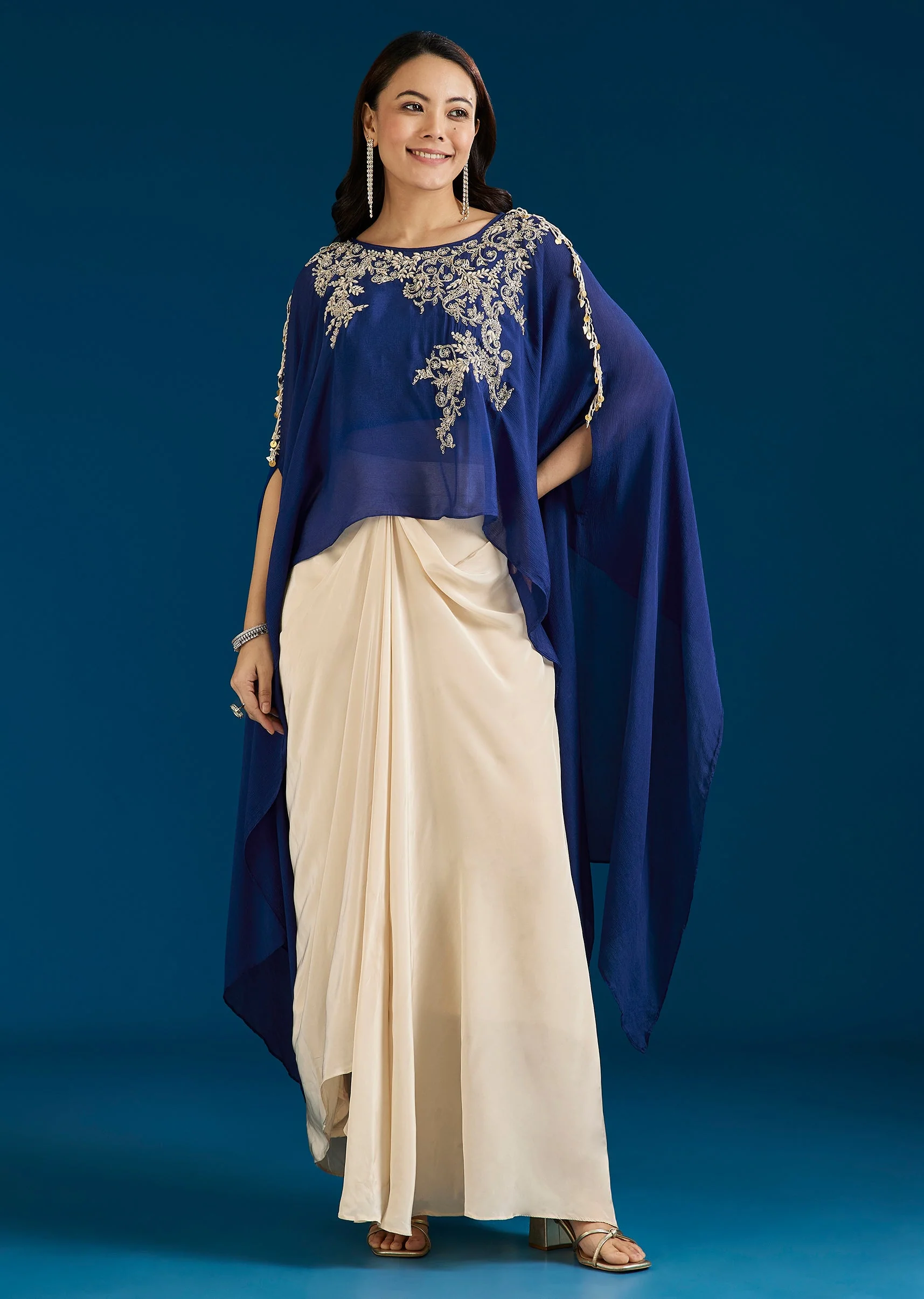 Blue Cape Style Crop Top Drape Skirt Set - Image 3