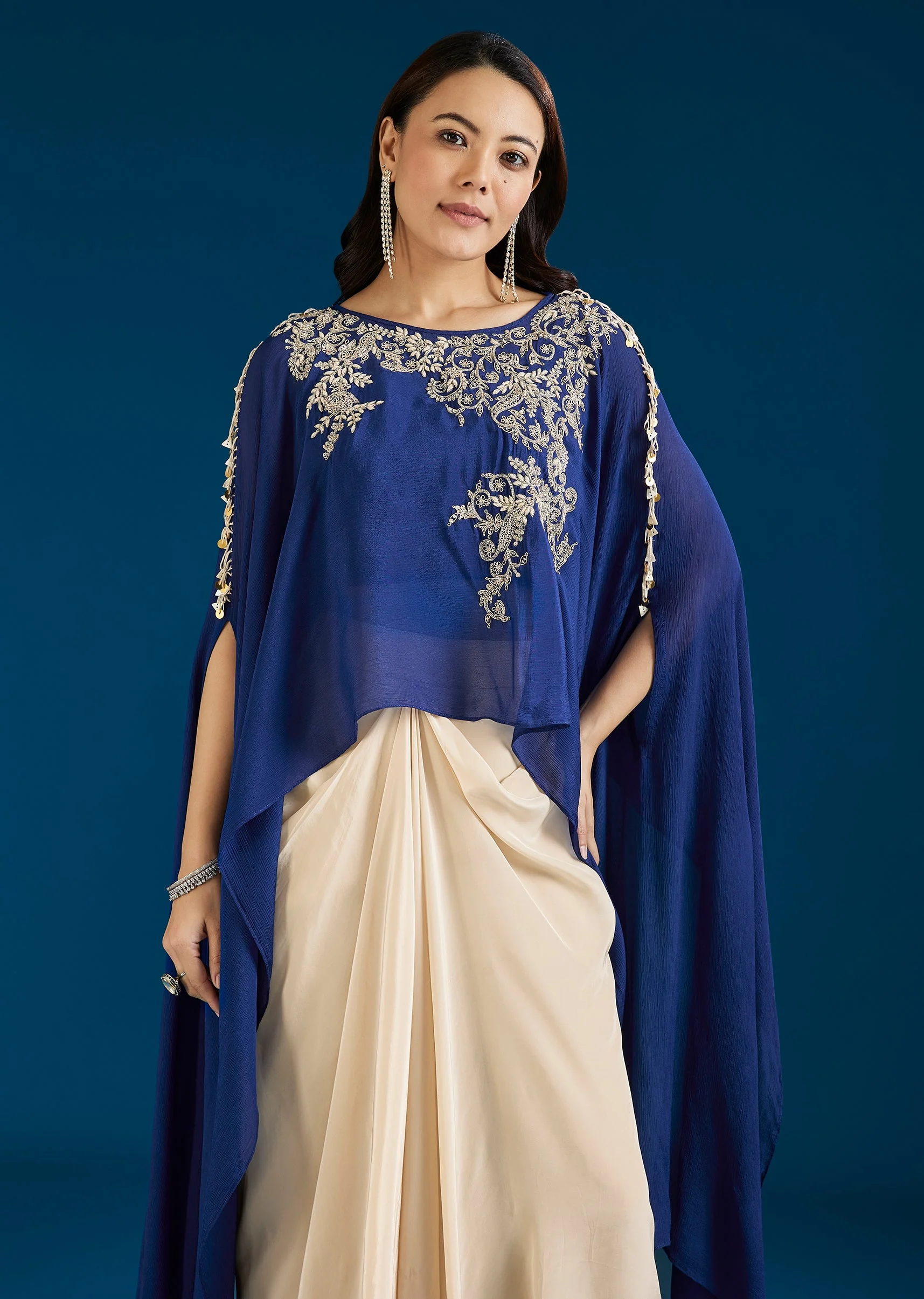 Blue Cape Style Crop Top Drape Skirt Set - Image 4