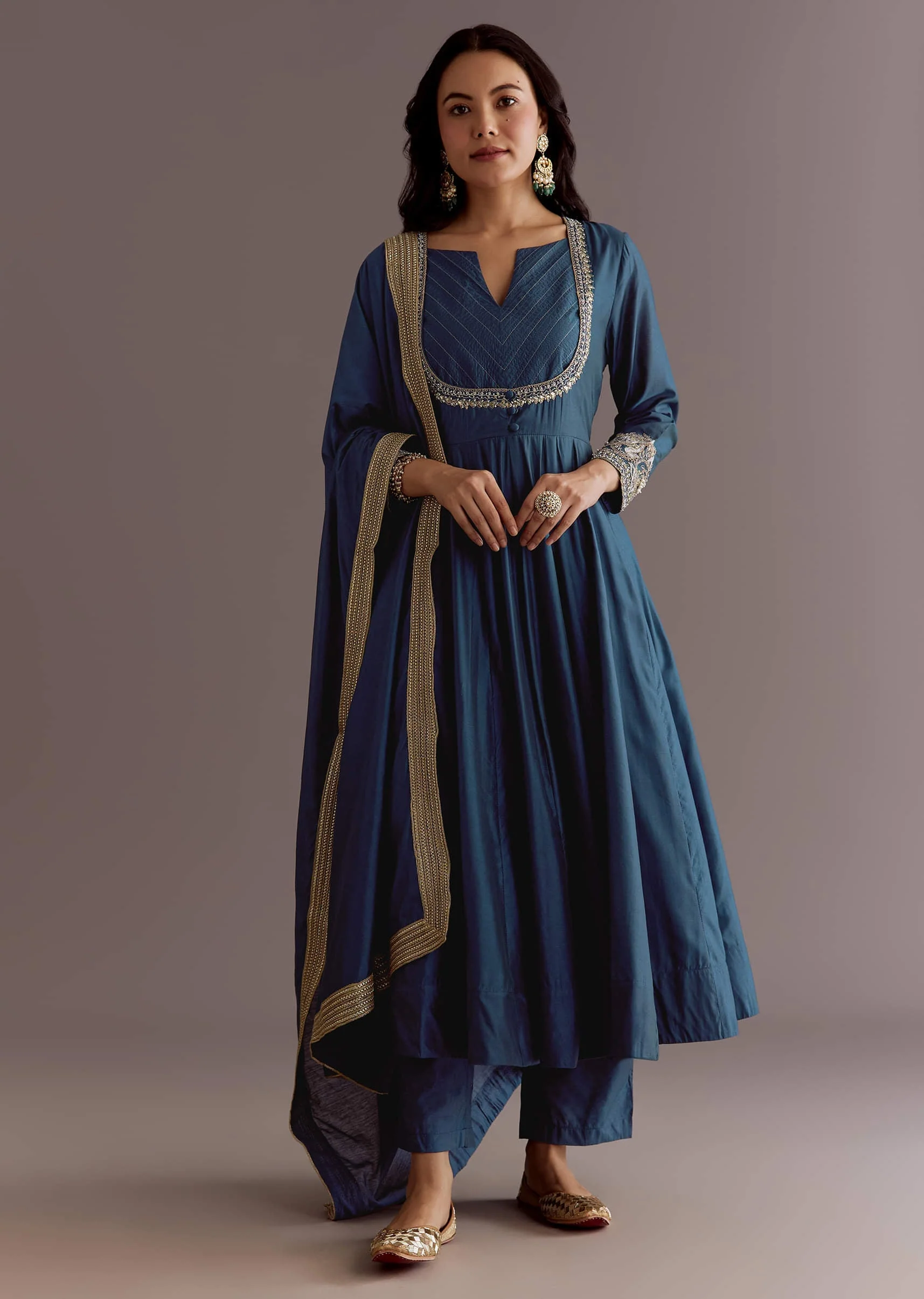 Blue Chanderi Anarkali Dupatta Suit With Gotta And Moti Detail - Image 2