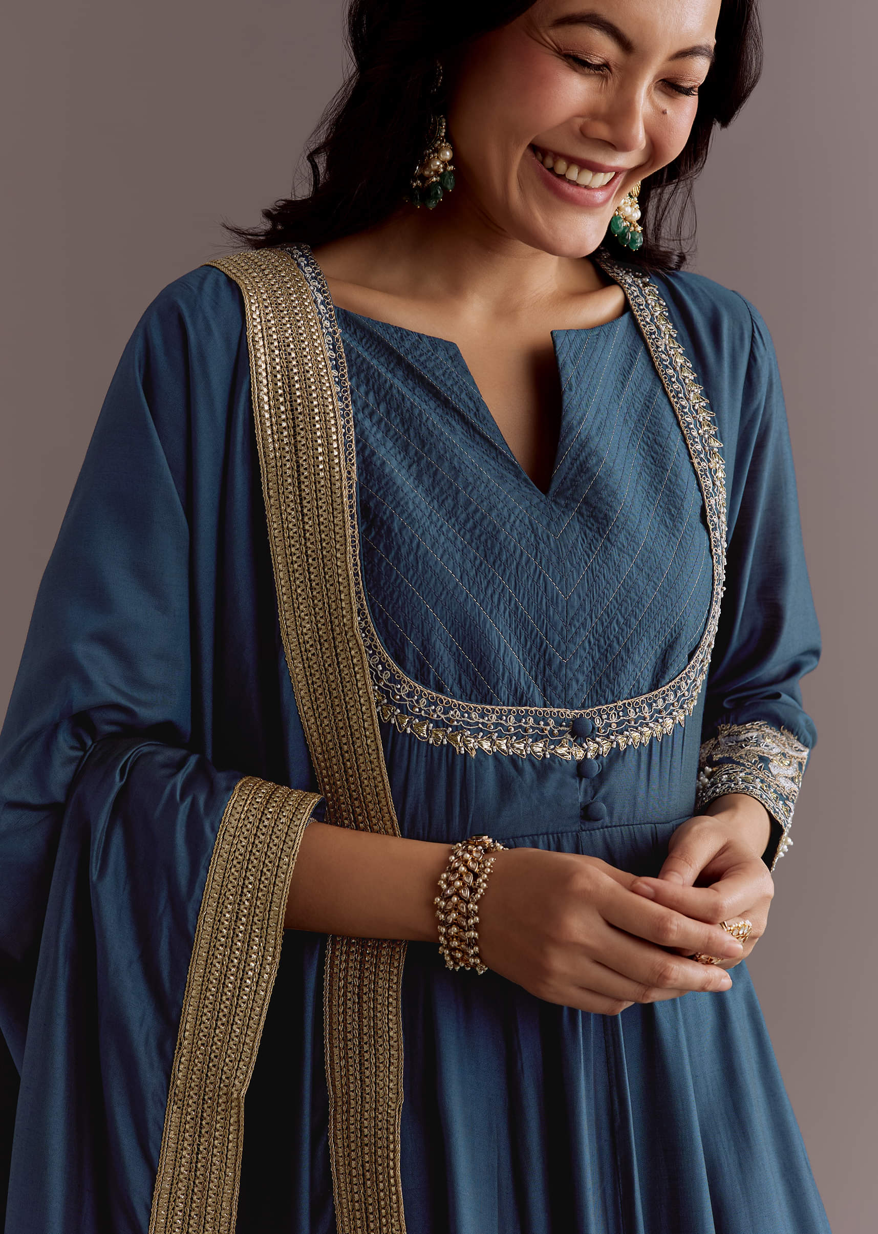 Blue Chanderi Anarkali Dupatta Suit With Gotta And Moti Detail - Image 3