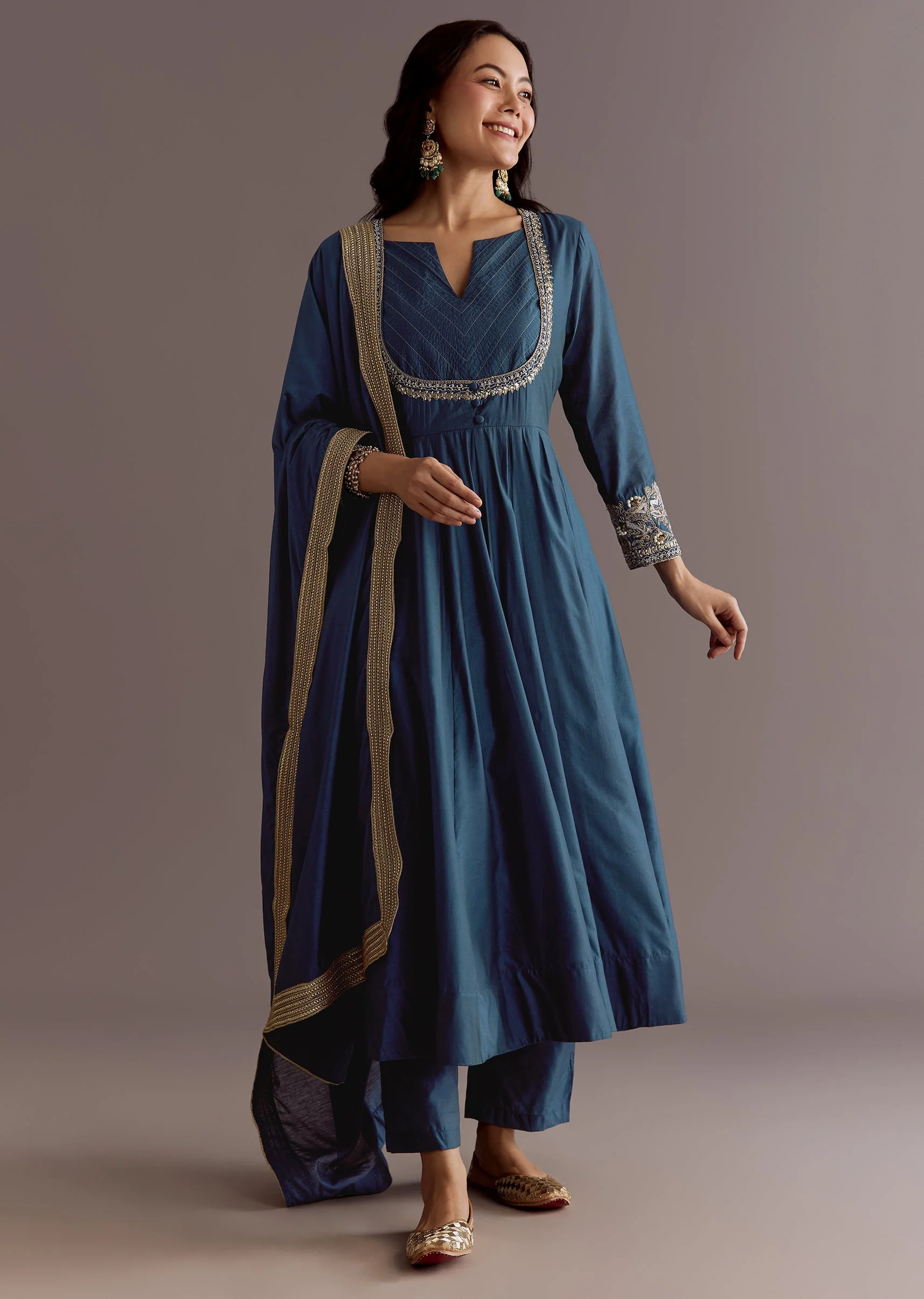 Blue Chanderi Anarkali Dupatta Suit With Gotta And Moti Detail - Image 4