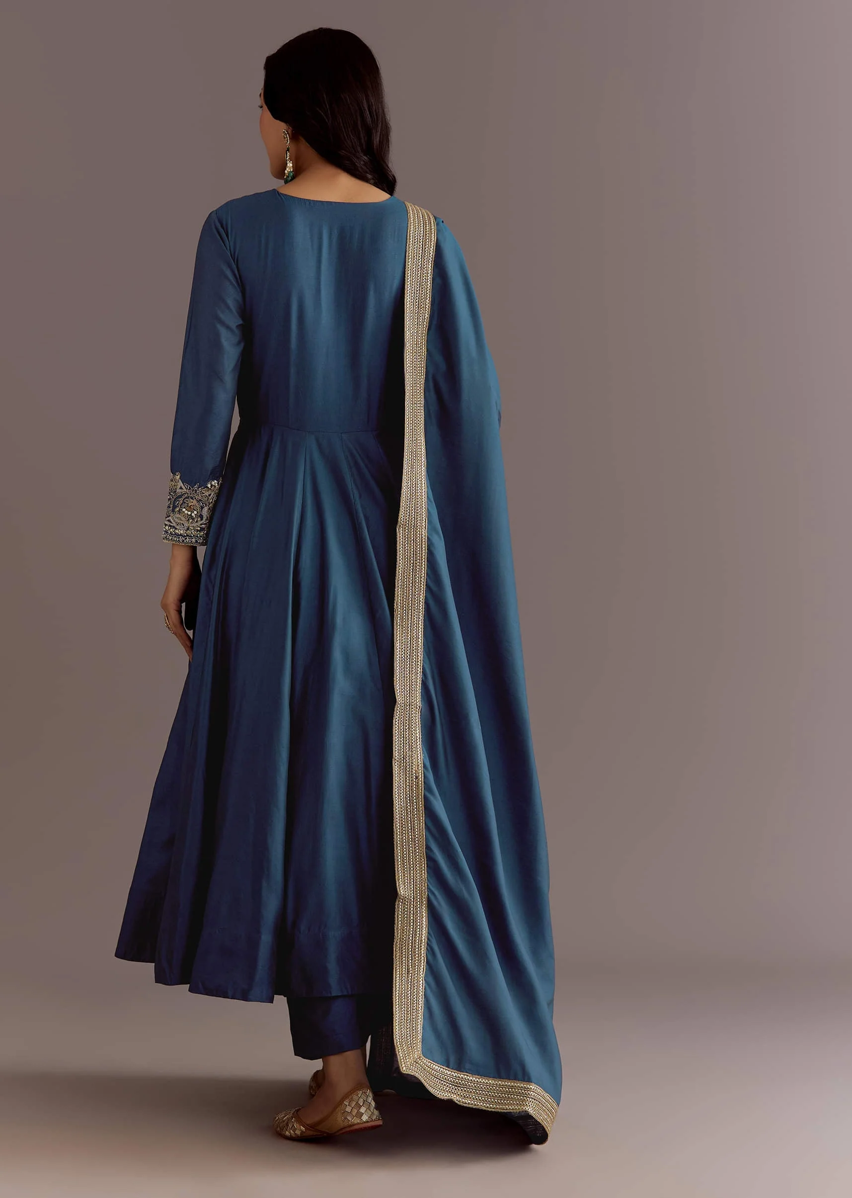 Blue Chanderi Anarkali Dupatta Suit With Gotta And Moti Detail - Image 5