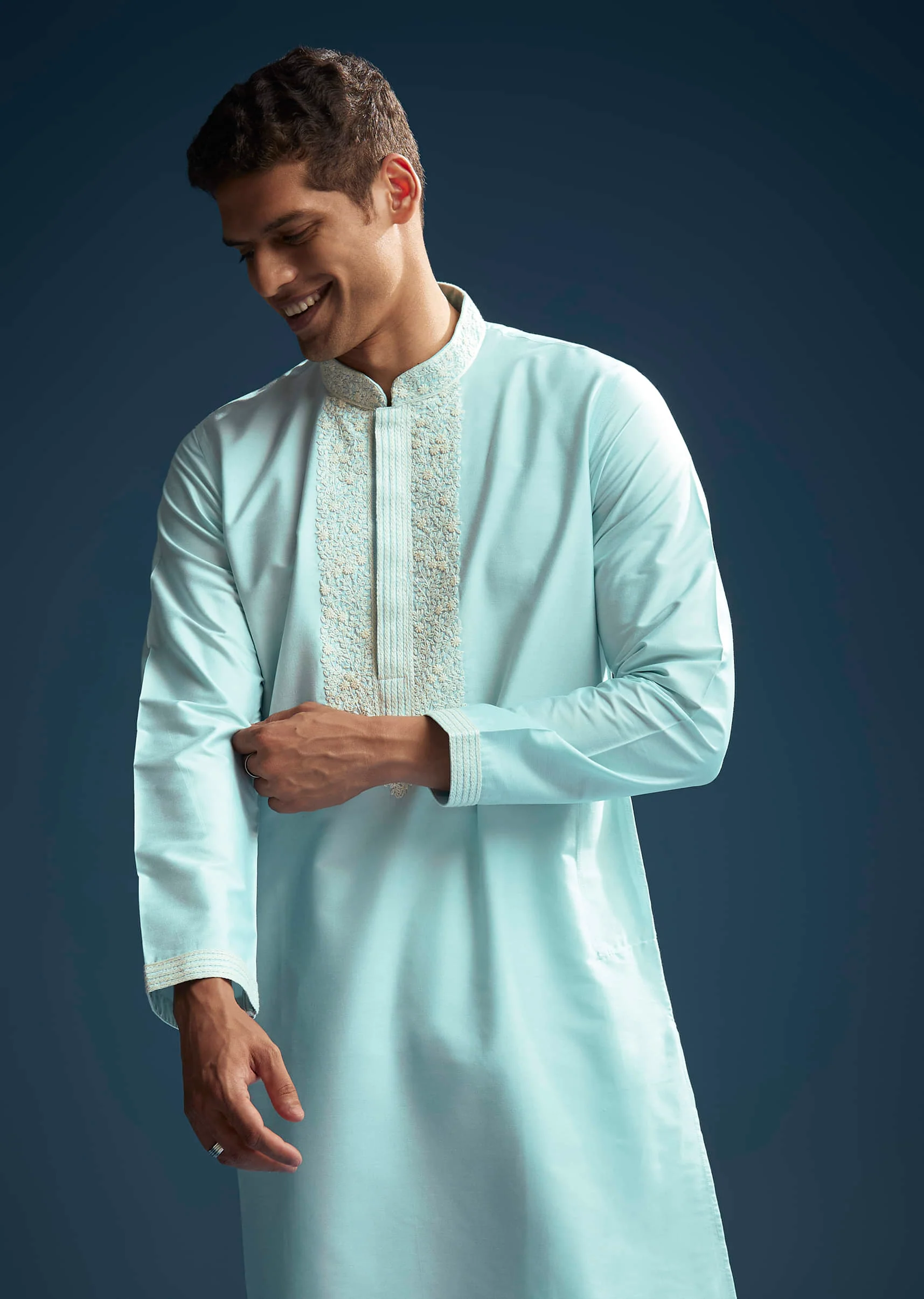 Blue Chanderi Kurta Set For Men With Kashmiri Hand Work - Image 3