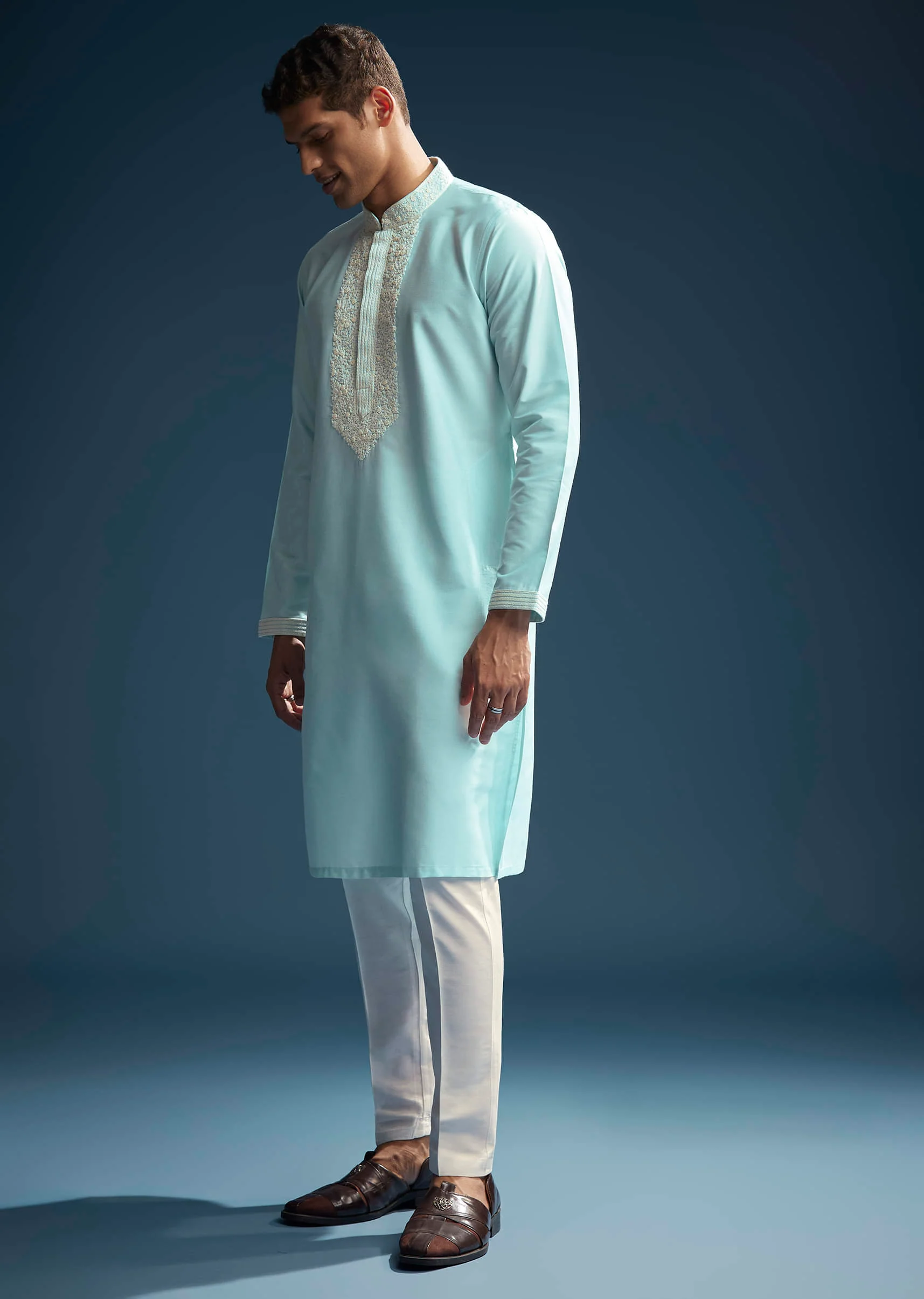 Blue Chanderi Kurta Set For Men With Kashmiri Hand Work - Image 4