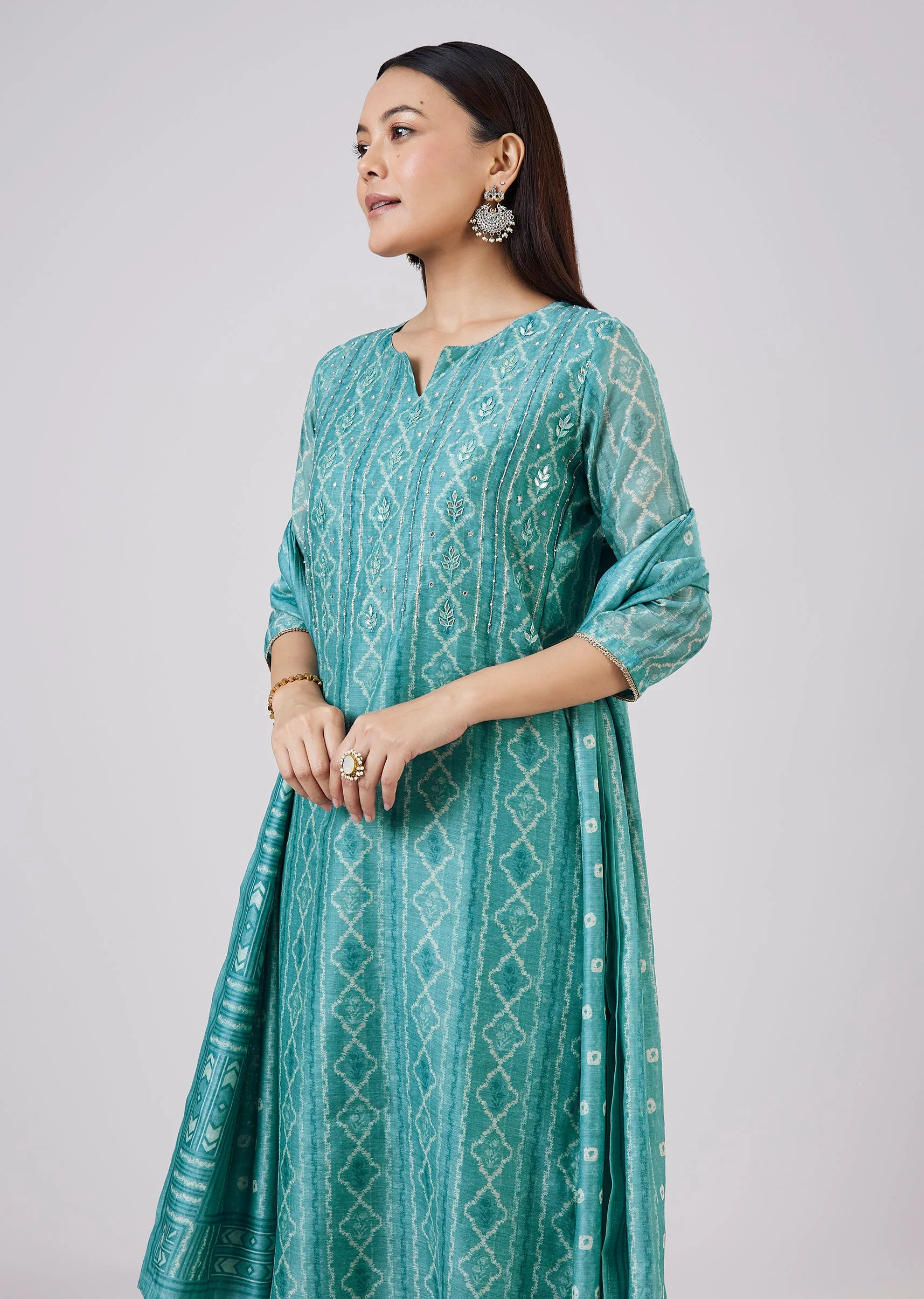 Blue Chanderi Kurta Set With Gotta And Moti Work - Image 4