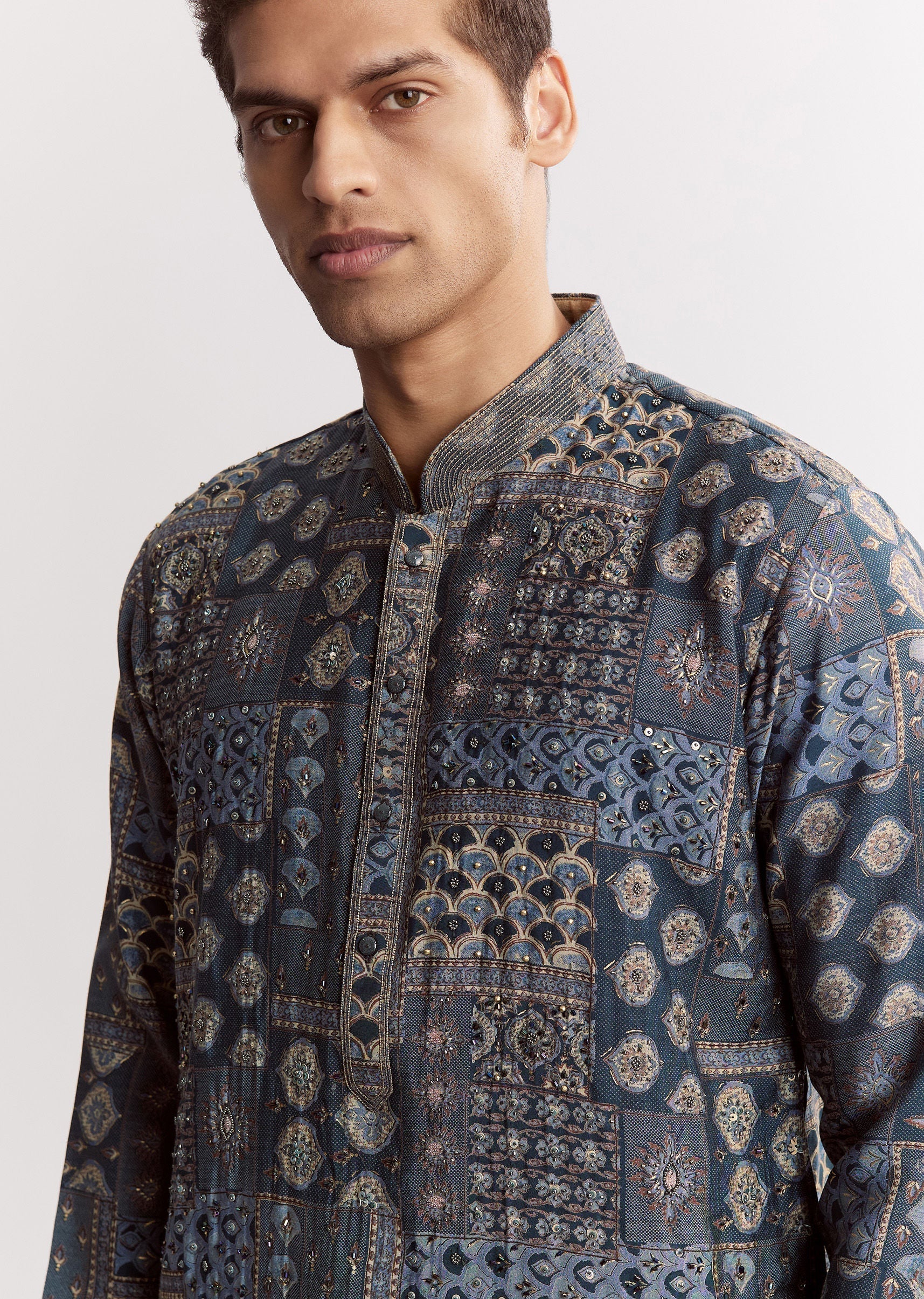 Blue Chanderi Printed Kurta Set With Stone Sequins And Cutdana - Image 3