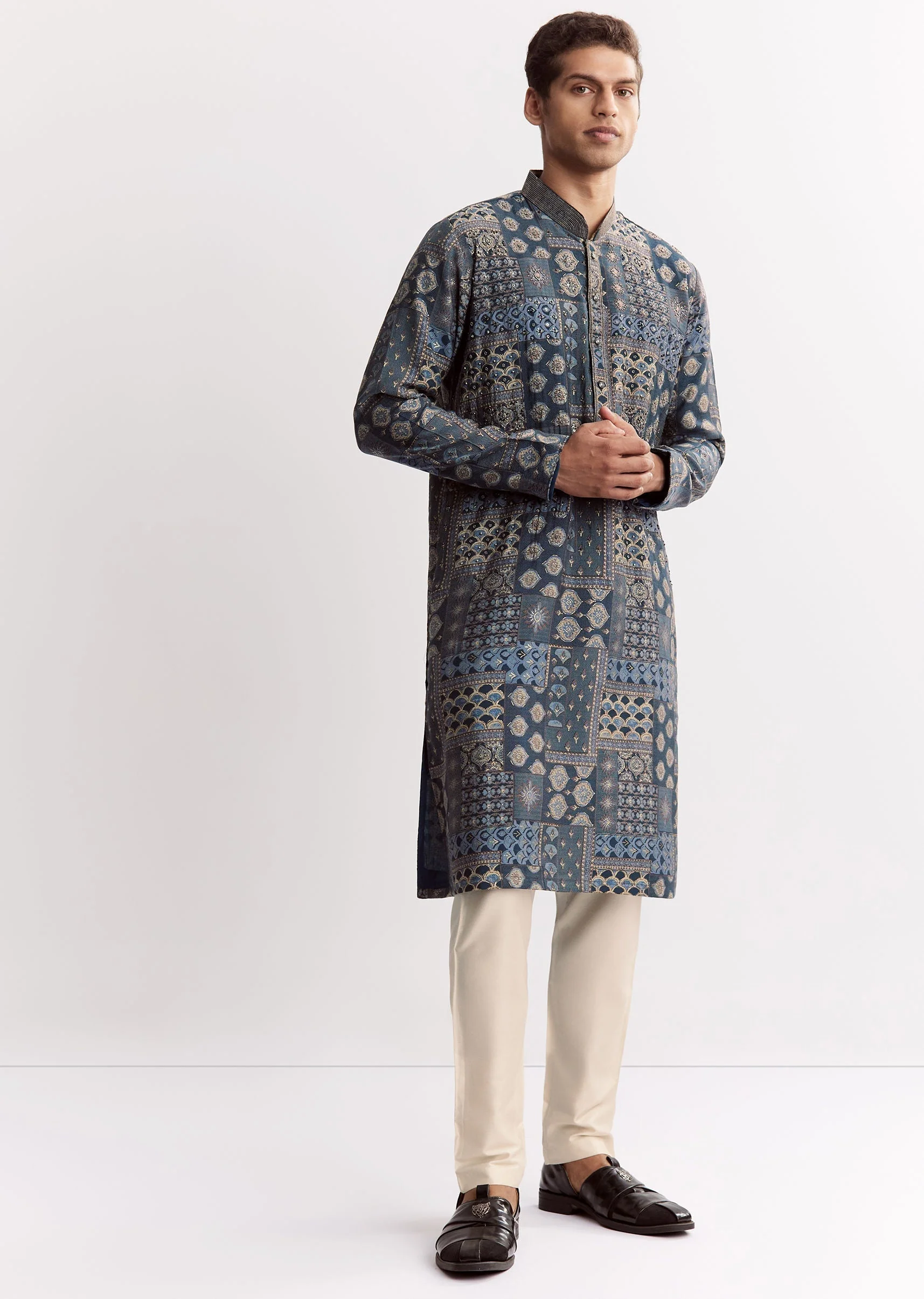 Blue Chanderi Printed Kurta Set With Stone Sequins And Cutdana - Image 4