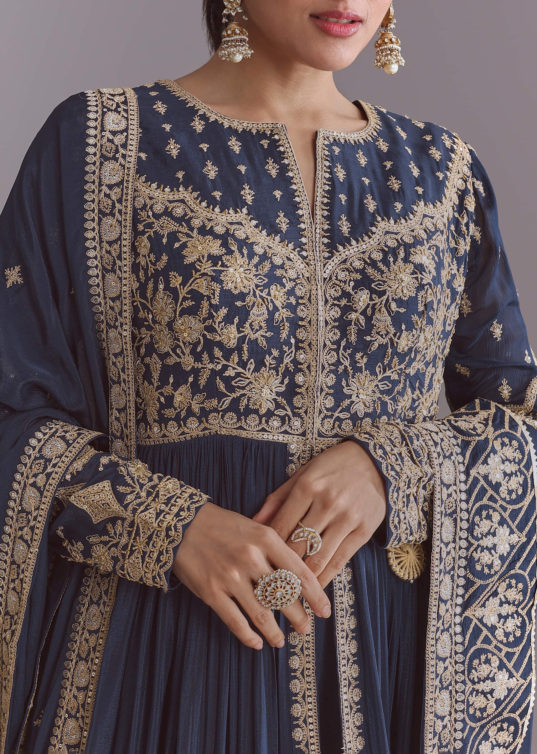 Blue Chinon Anarkali Suit With Embroidery And Front Slit - Image 2