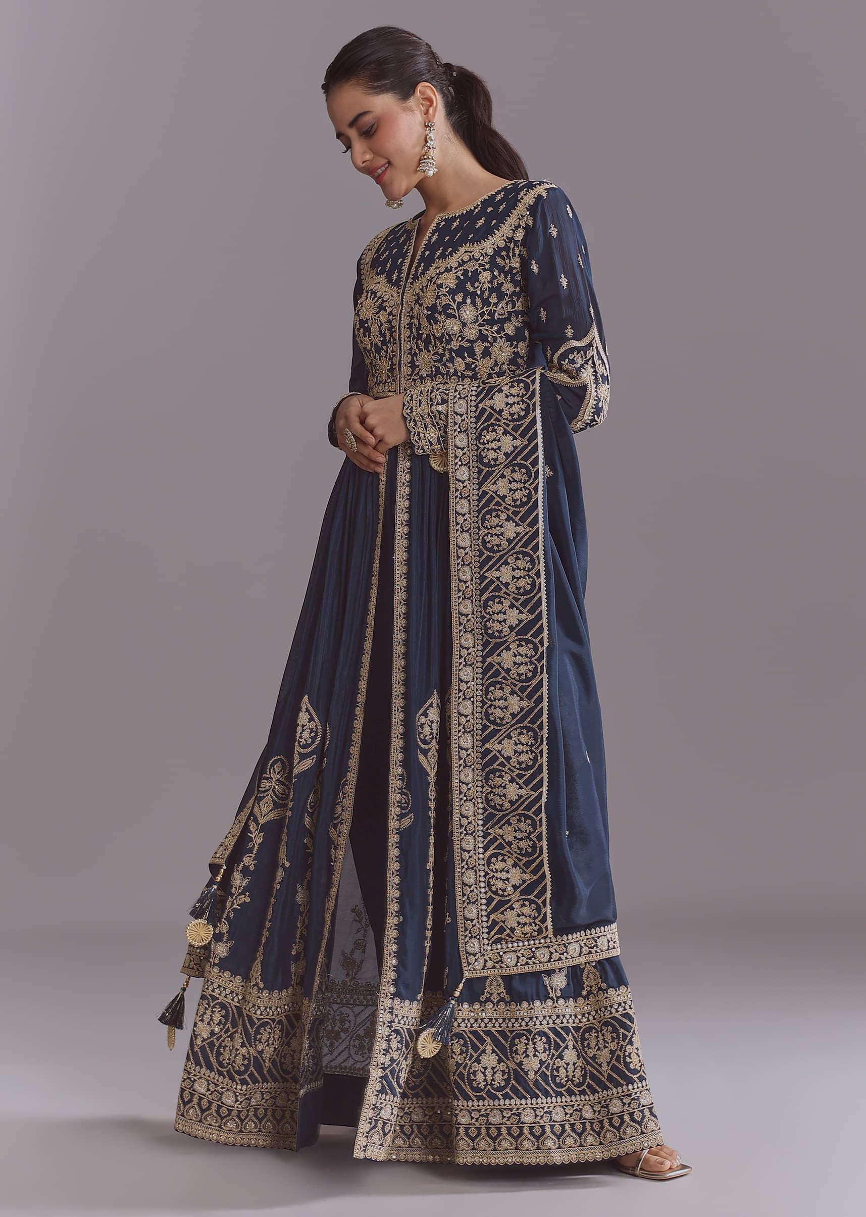 Blue Chinon Anarkali Suit With Embroidery And Front Slit - Image 8