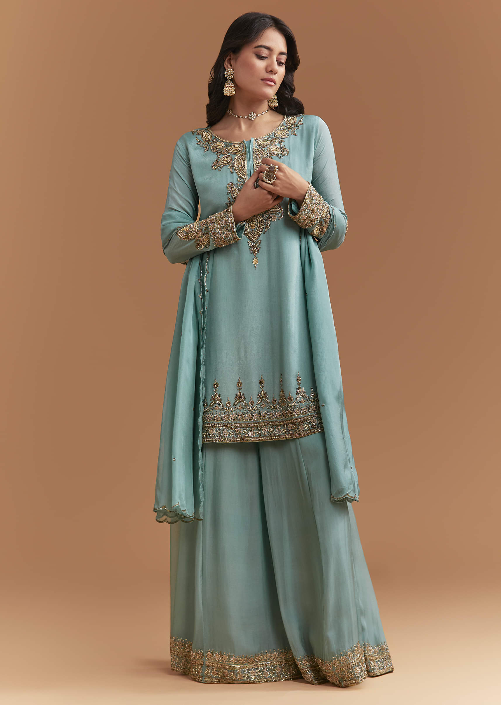 Blue Chinon Palazzo Suit With Moti And Cutdana Embroidery - Image 4