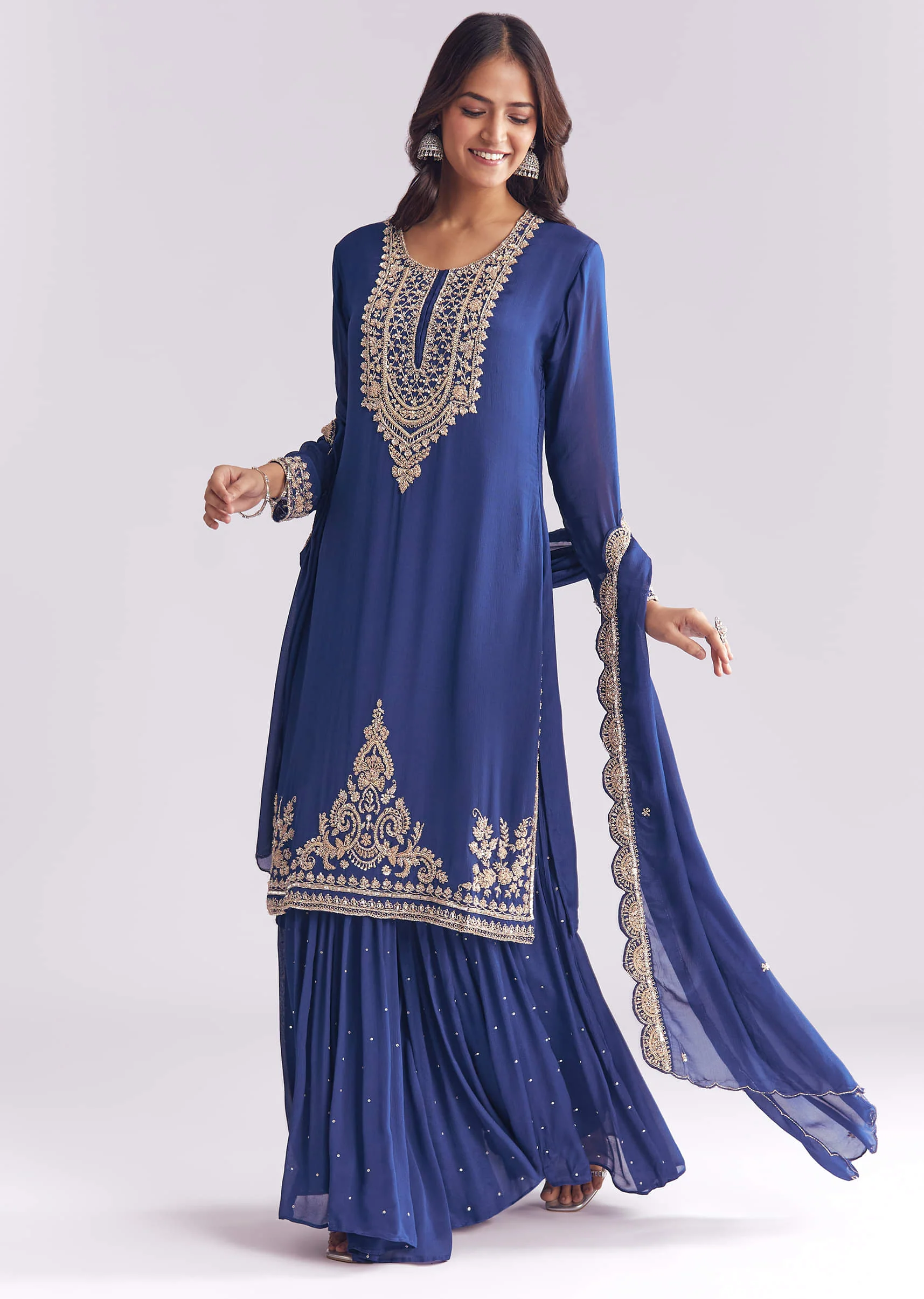 Blue Chinon Sharara Suit With Cutdana And Sequins Embroidery - Image 3