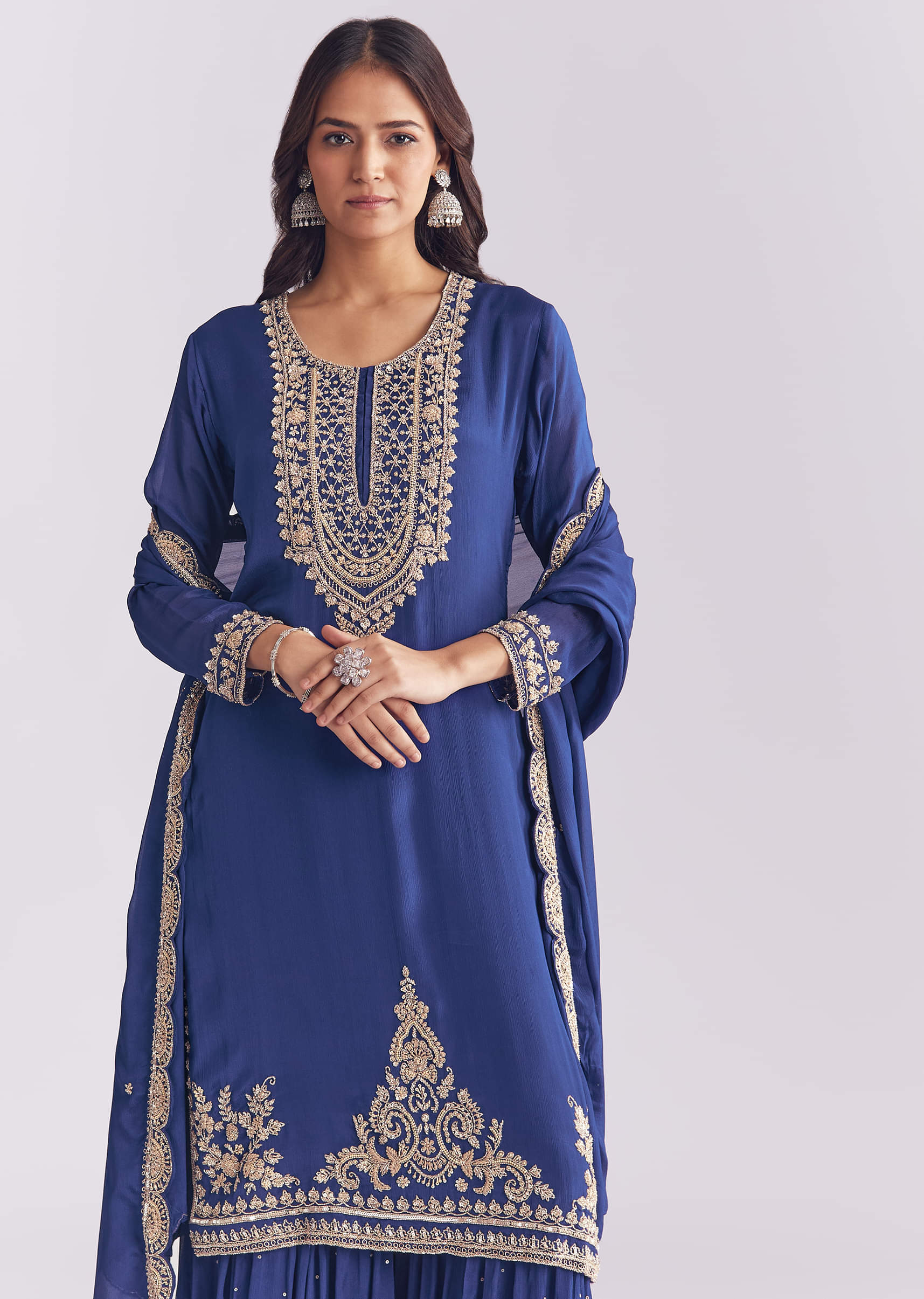 Blue Chinon Sharara Suit With Cutdana And Sequins Embroidery - Image 4