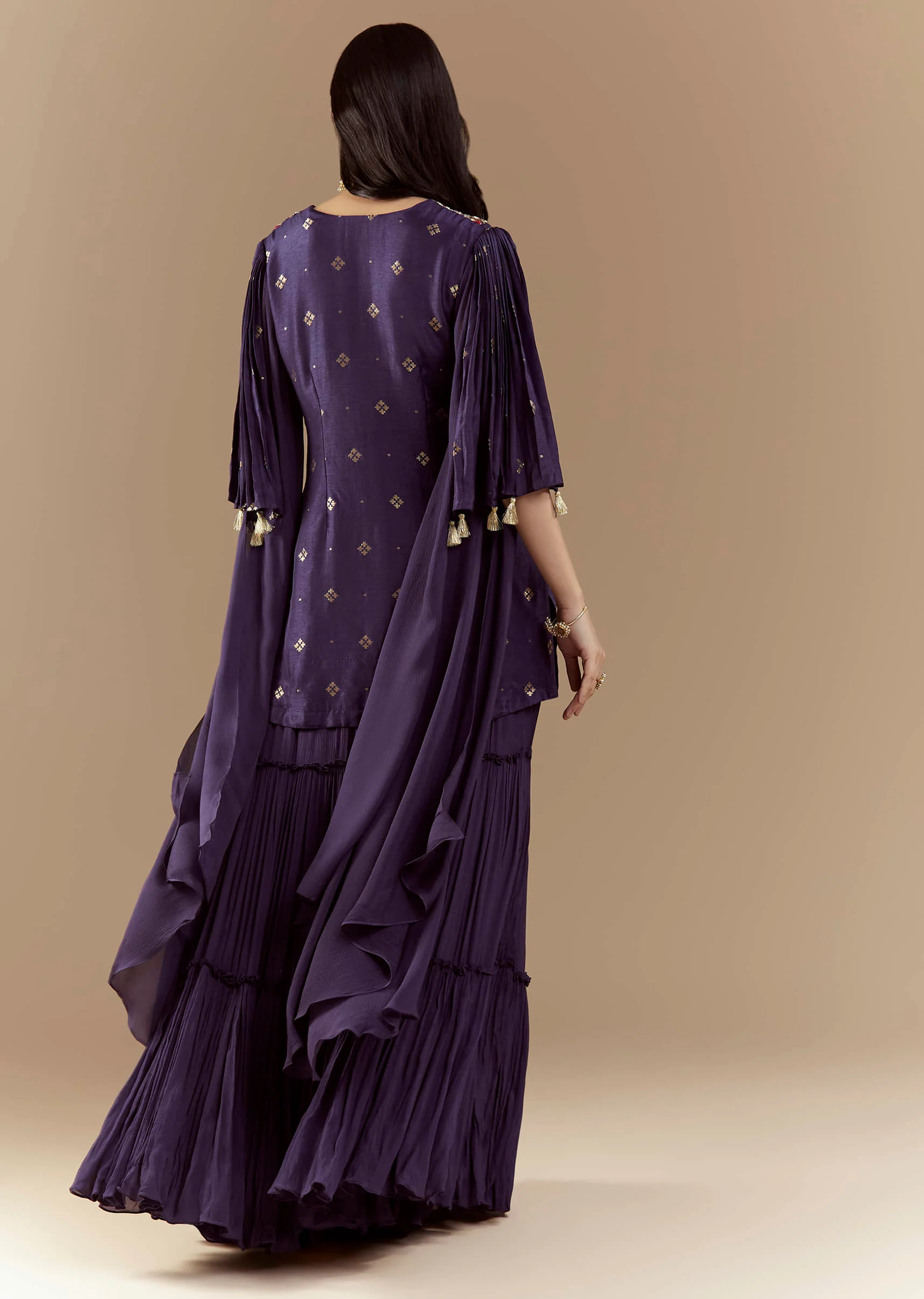 Blue Chinon Silk Sharara Set with Sequin Work - Image 5