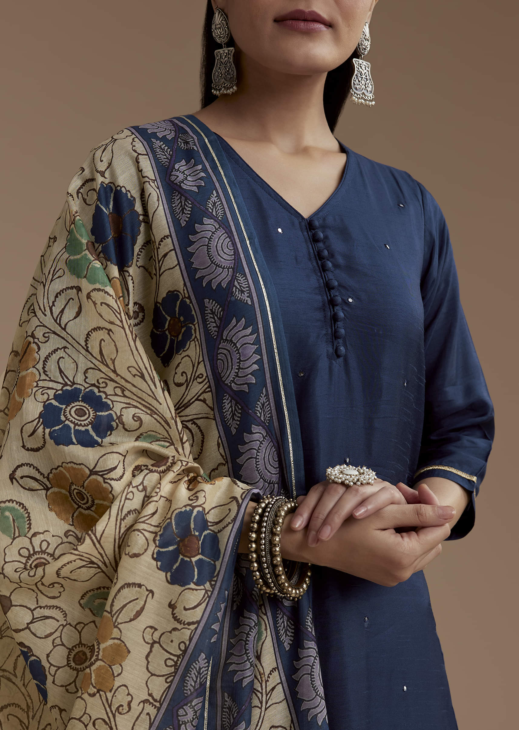 Blue Cotton Foil Mirror Kurta Set with Kalamkari Dupatta - Image 2