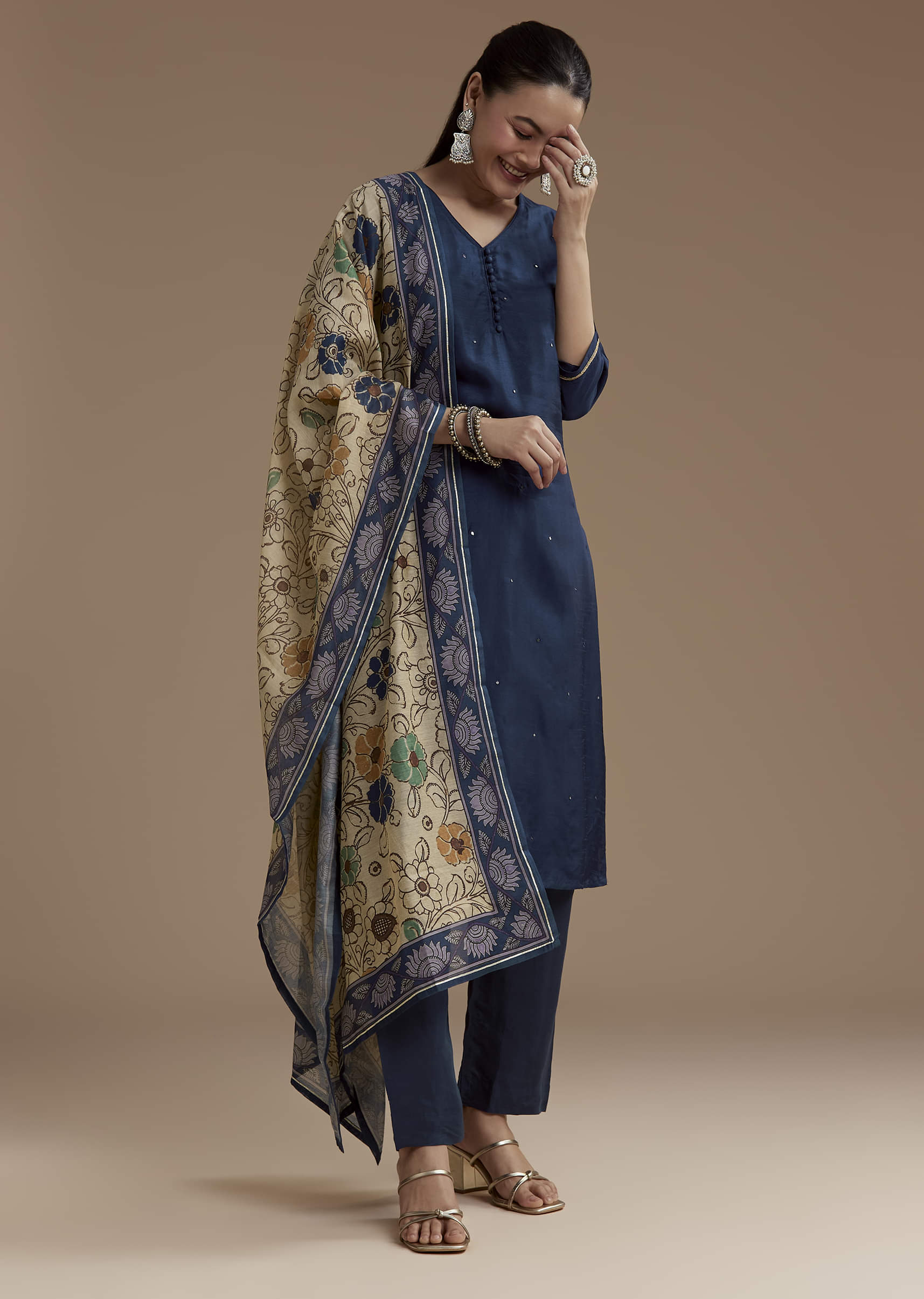 Blue Cotton Foil Mirror Kurta Set with Kalamkari Dupatta - Image 3