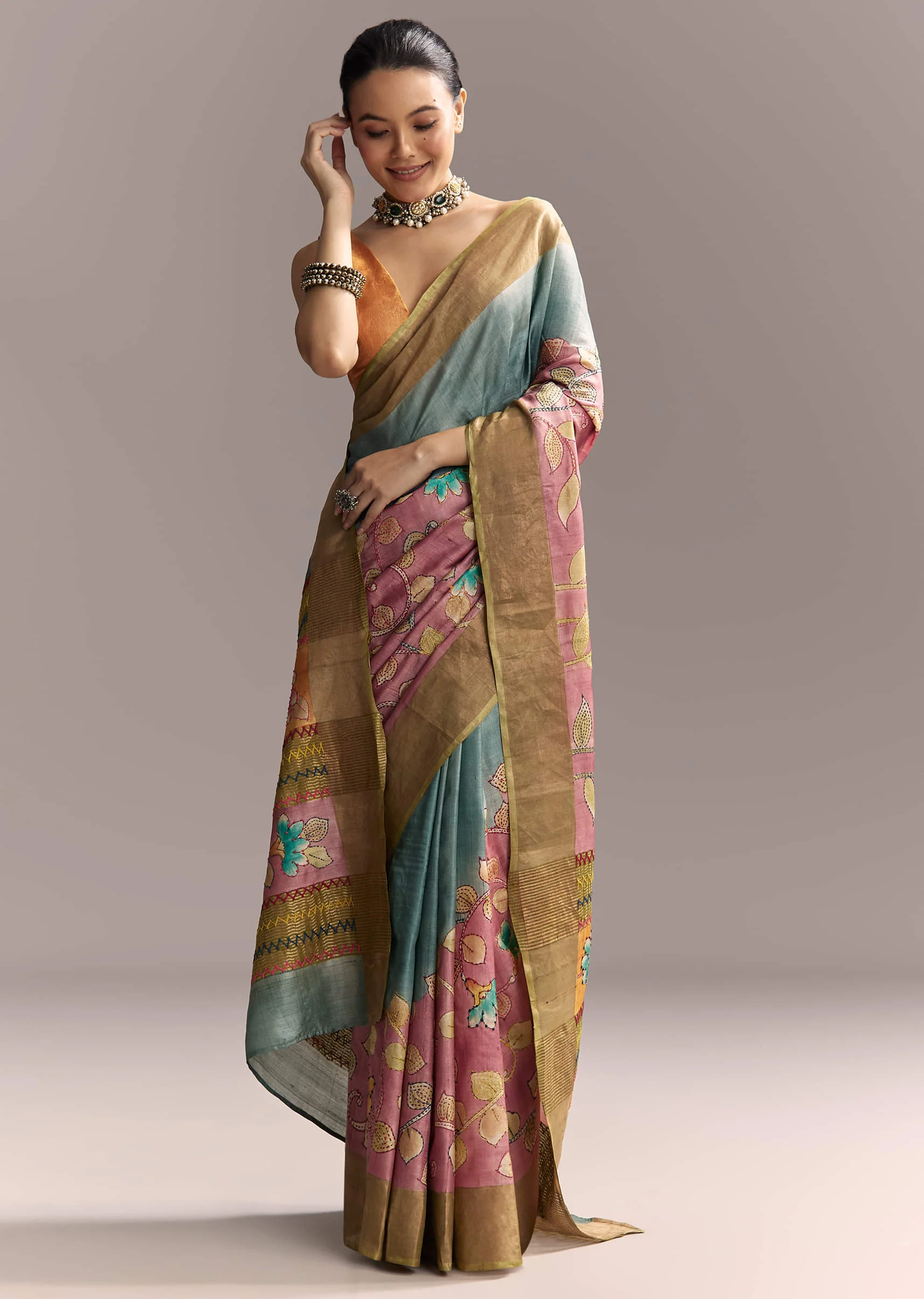 Blue Cotton Saree With Hand Painted Motifs And Brown Border - Image 3