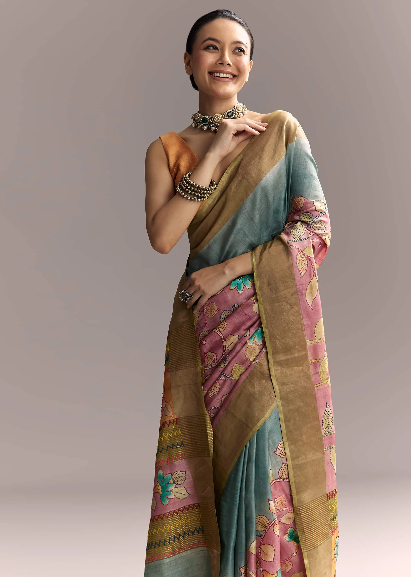 Blue Cotton Saree With Hand Painted Motifs And Brown Border - Image 5