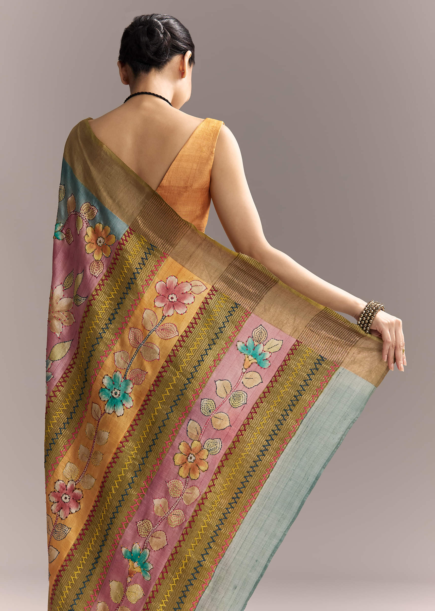 Blue Cotton Saree With Hand Painted Motifs And Brown Border - Image 6
