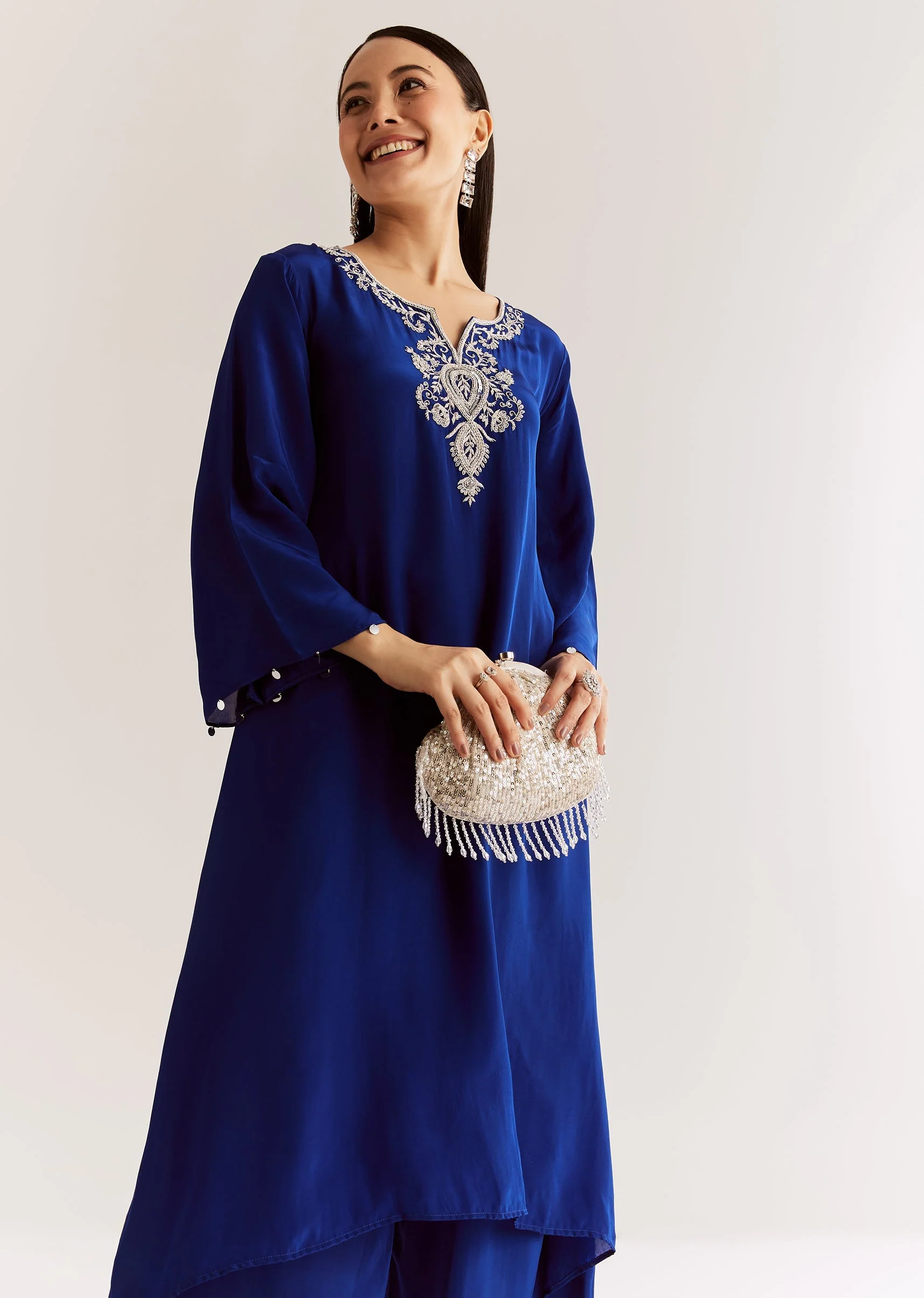 Blue Crepe Kurta Set With Silver Zardosi And Asymmetrical Cut - Image 3