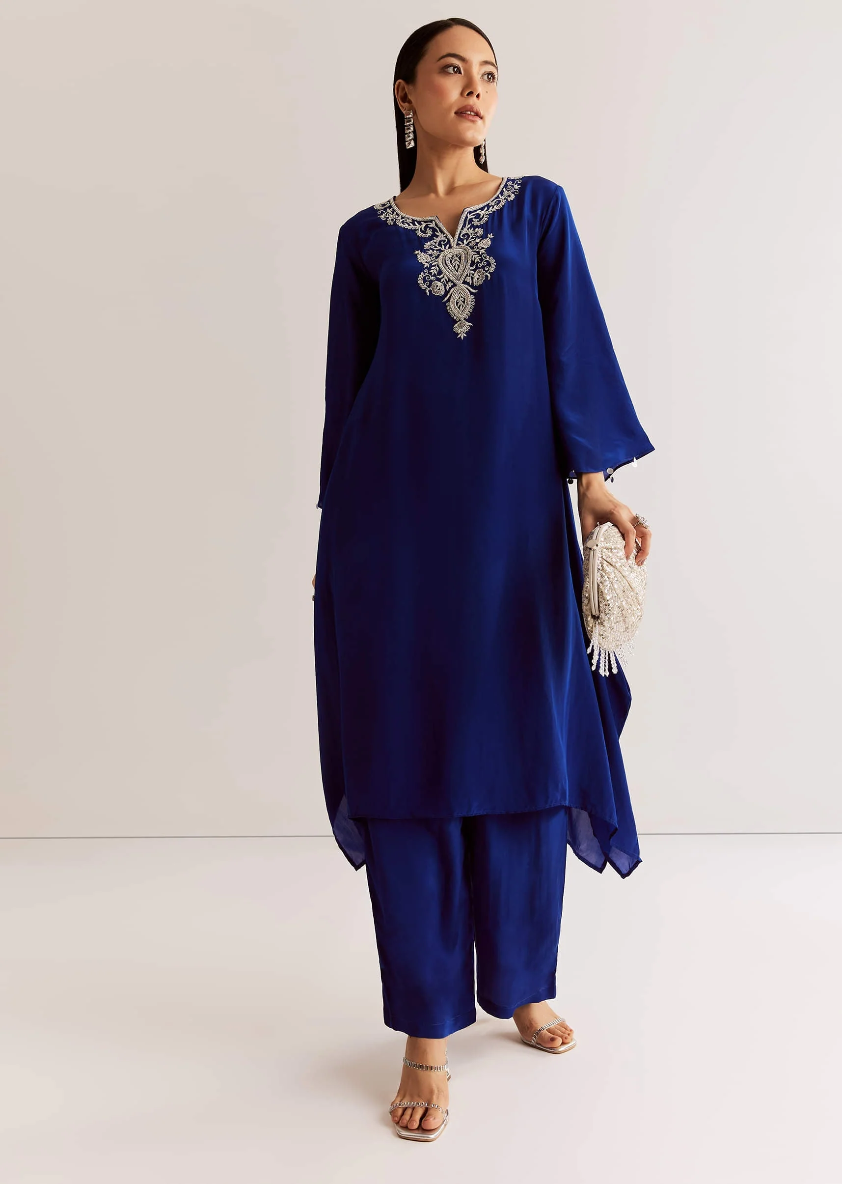 Blue Crepe Kurta Set With Silver Zardosi And Asymmetrical Cut - Image 4