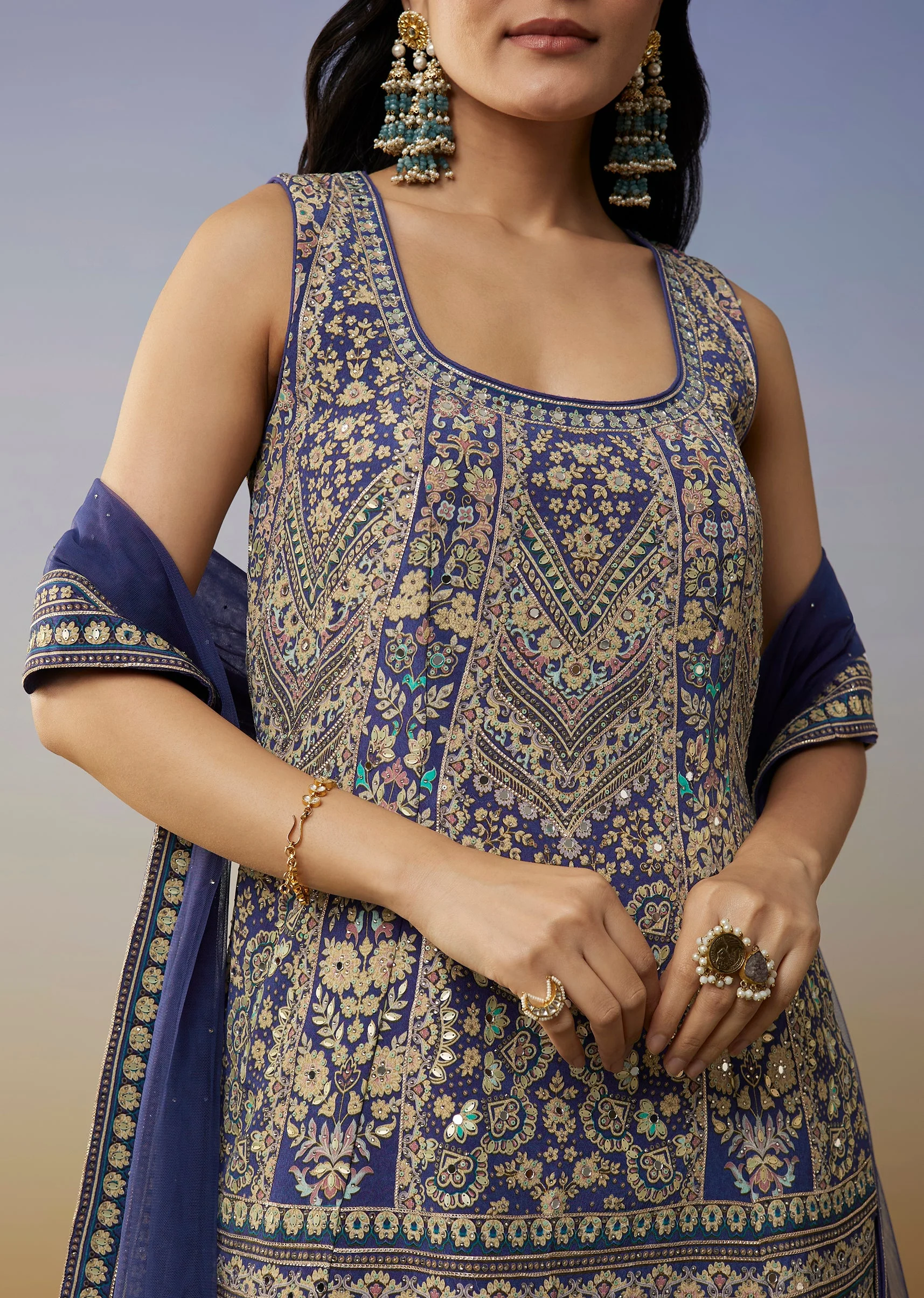 Blue Crepe Palazzo Suits with Floral Printed Stone and Mirror Work - Image 2