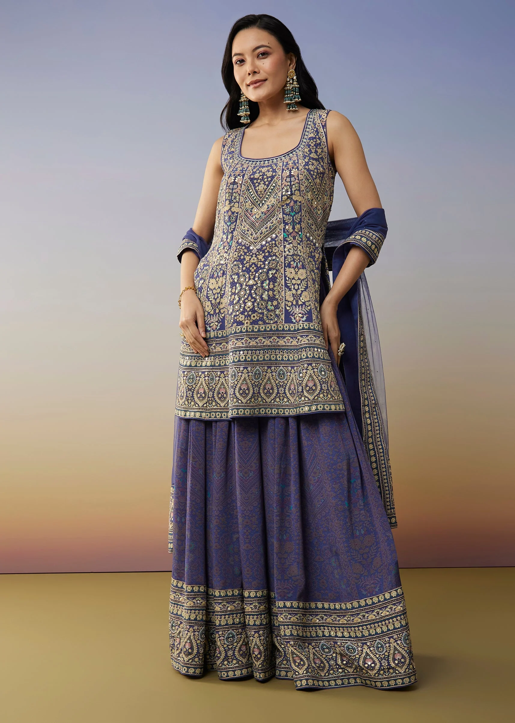 Blue Crepe Palazzo Suits with Floral Printed Stone and Mirror Work - Image 3