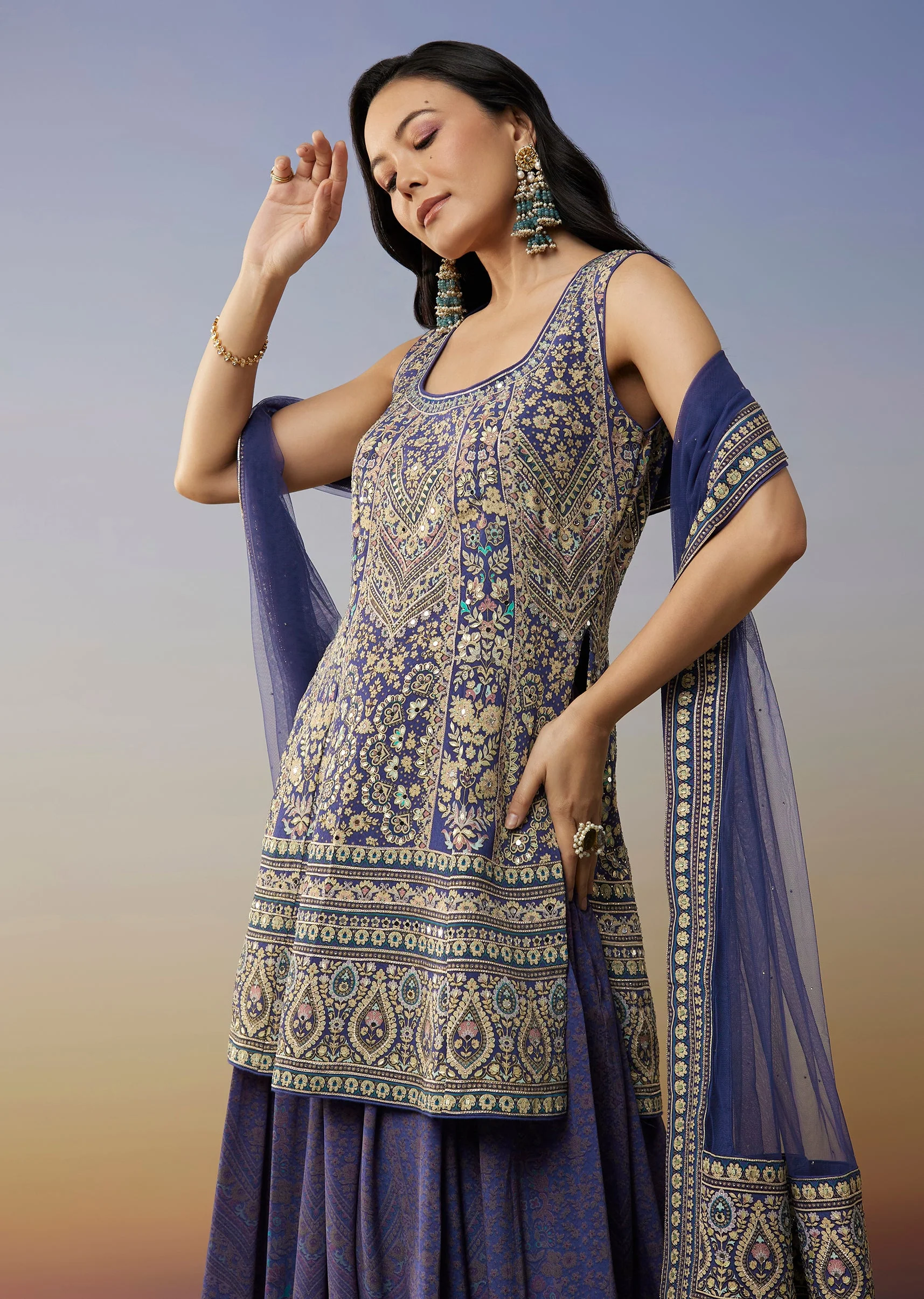 Blue Crepe Palazzo Suits with Floral Printed Stone and Mirror Work - Image 4