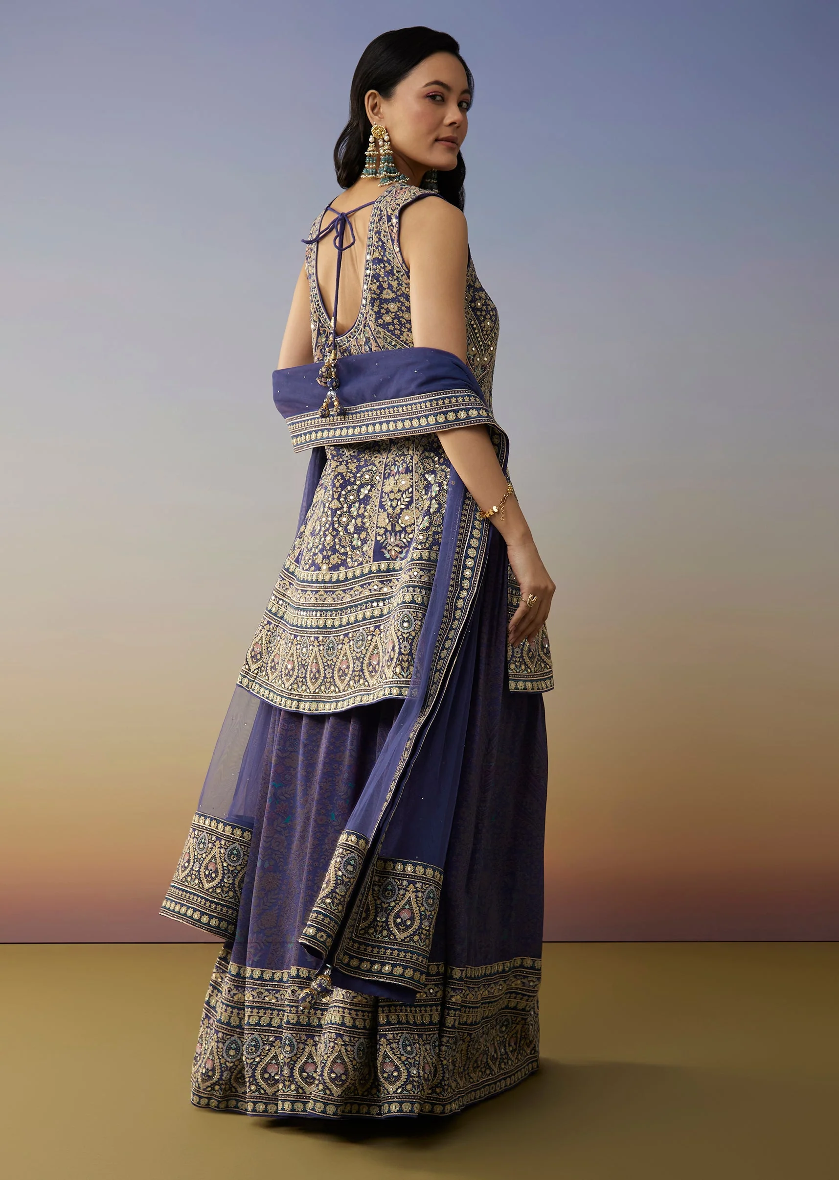 Blue Crepe Palazzo Suits with Floral Printed Stone and Mirror Work - Image 5