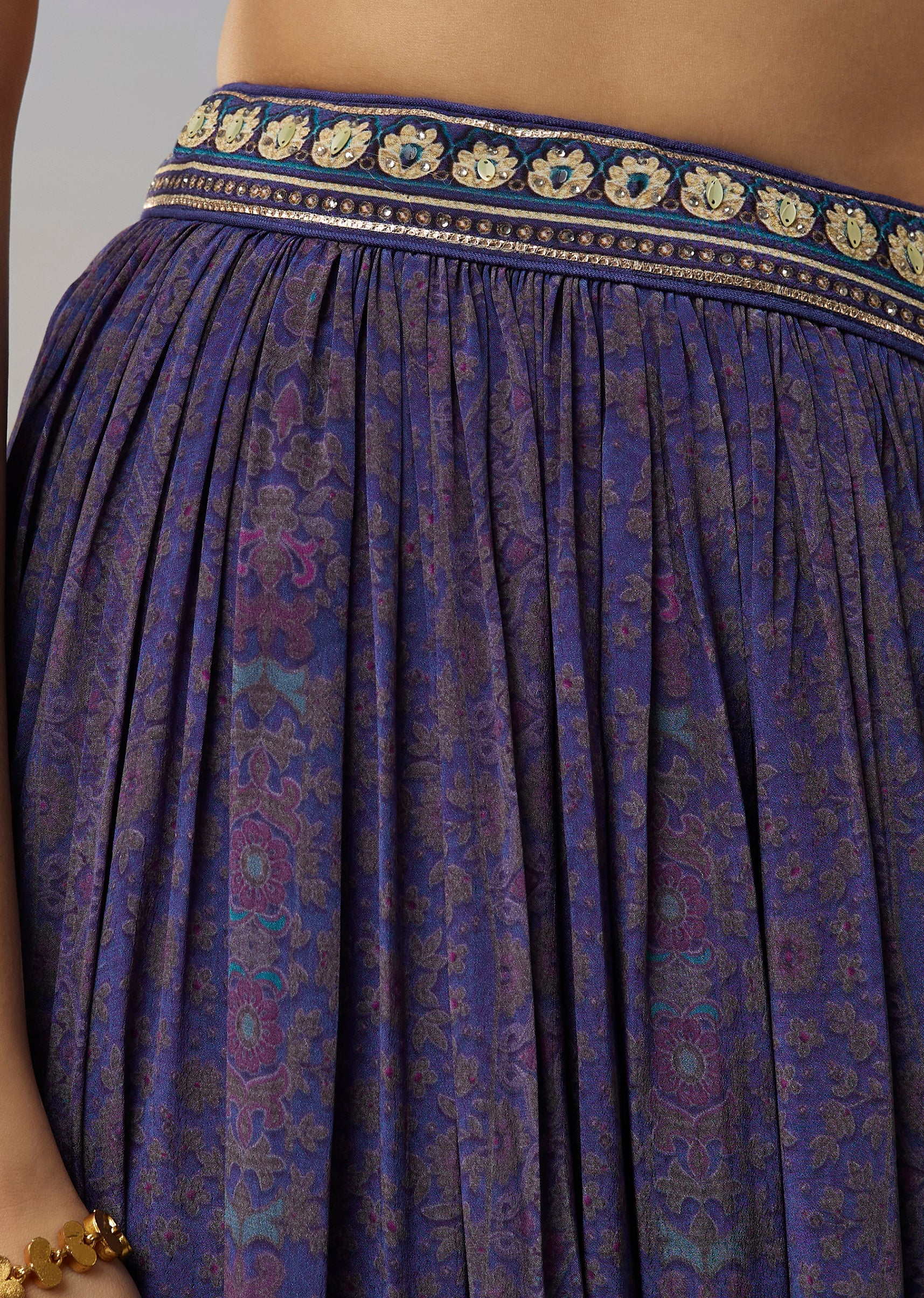 Blue Crepe Palazzo Suits with Floral Printed Stone and Mirror Work - Image 6