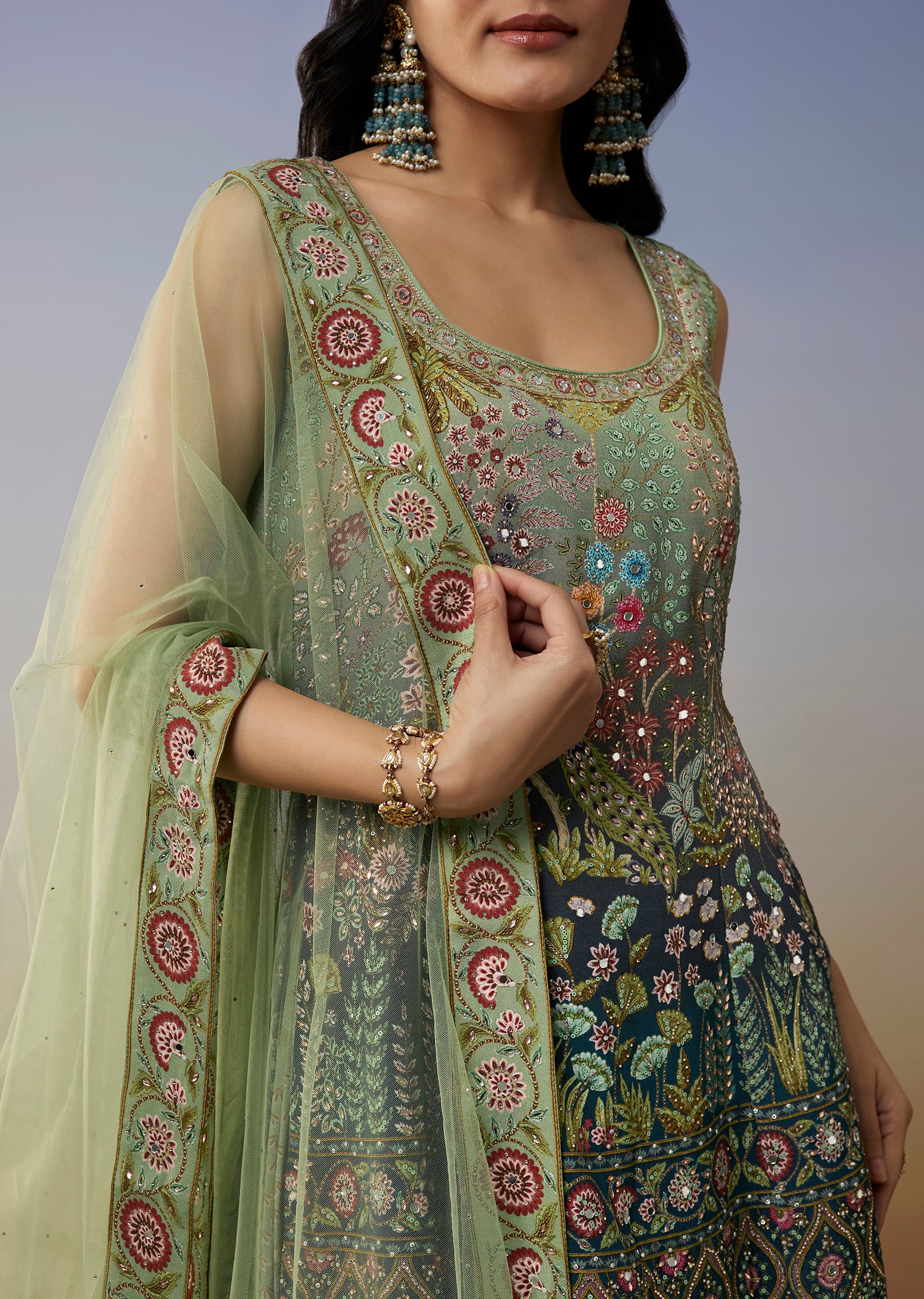 Blue Crepe Palazzo Suits with Ombre Printed Mirror Work - Image 2