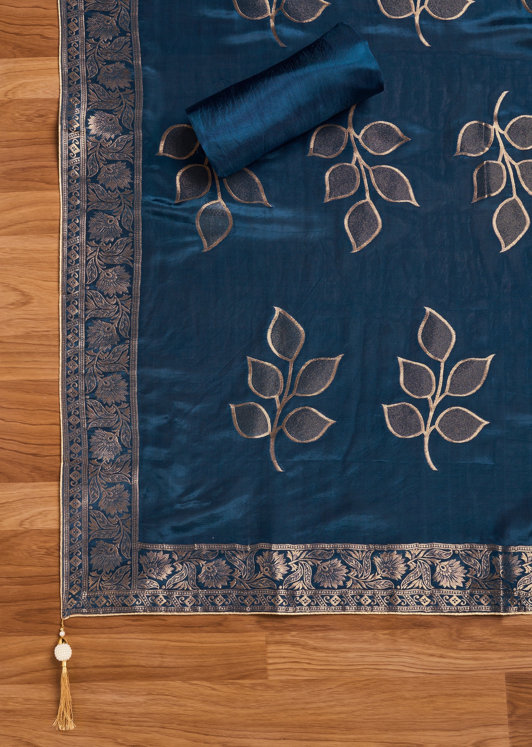 Blue Crepe Unstitched Suit With Dupatta - Image 4