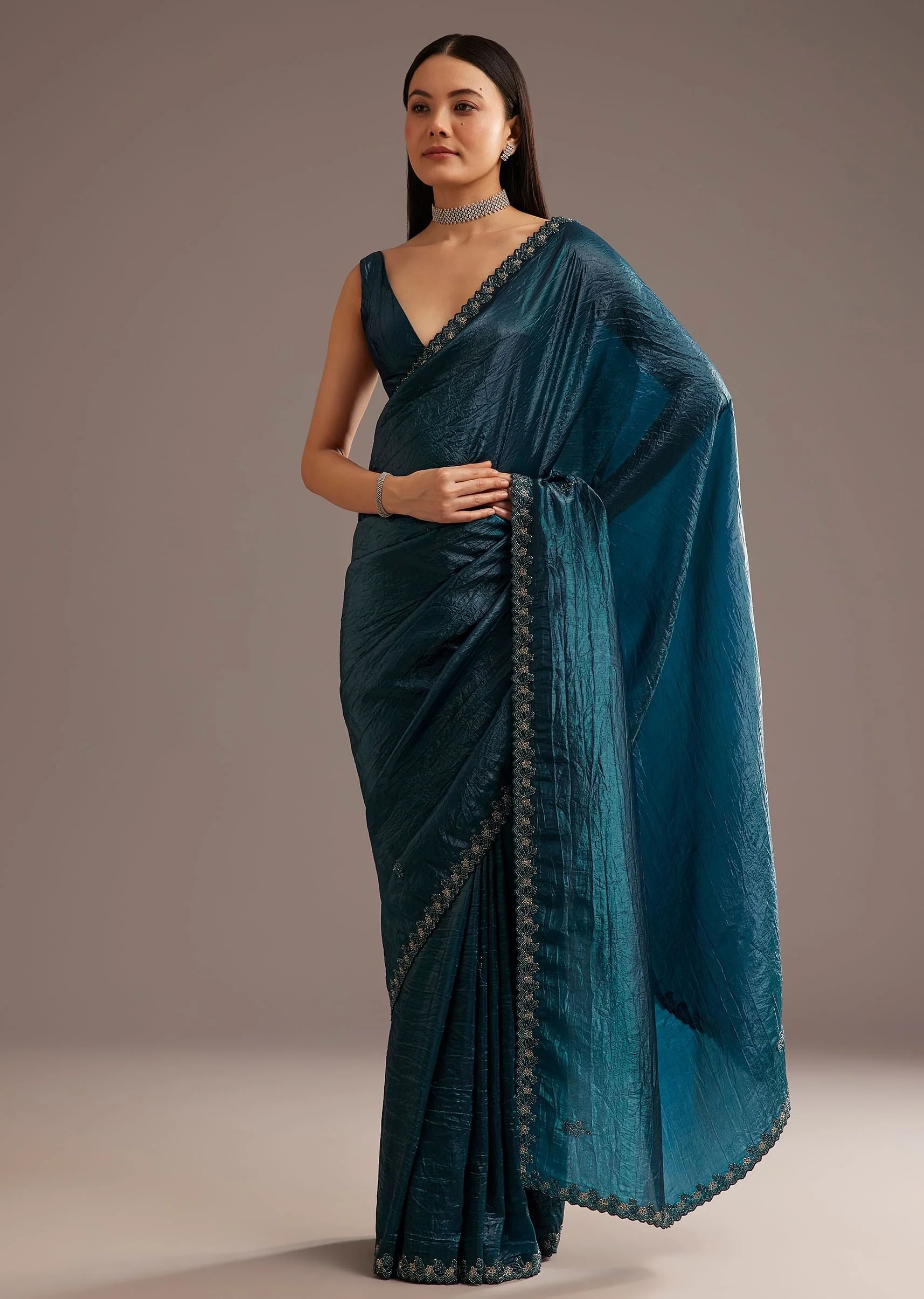 Blue Crushed Tissue Silk Saree With Cutdana Scallop Border - Image 2