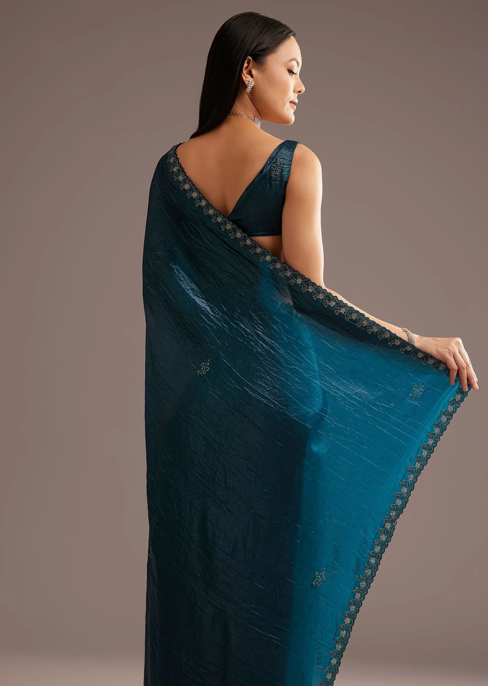 Blue Crushed Tissue Silk Saree With Cutdana Scallop Border - Image 4