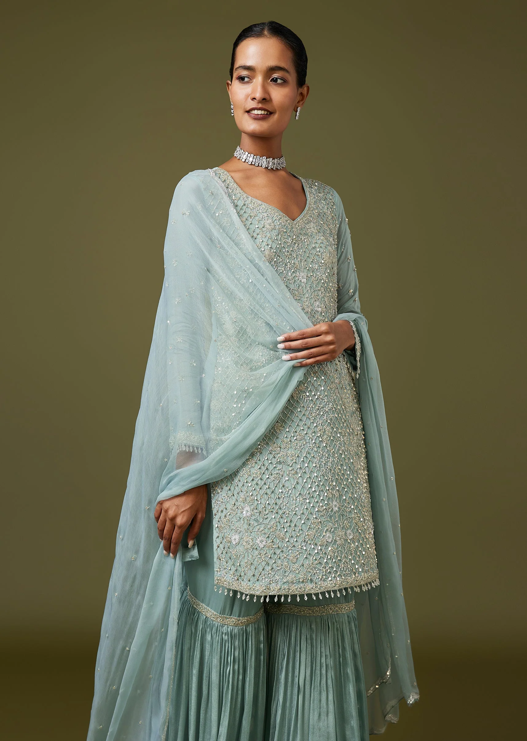 Blue Cut Dana Sequin Sharara Set With Dupatta - Image 4