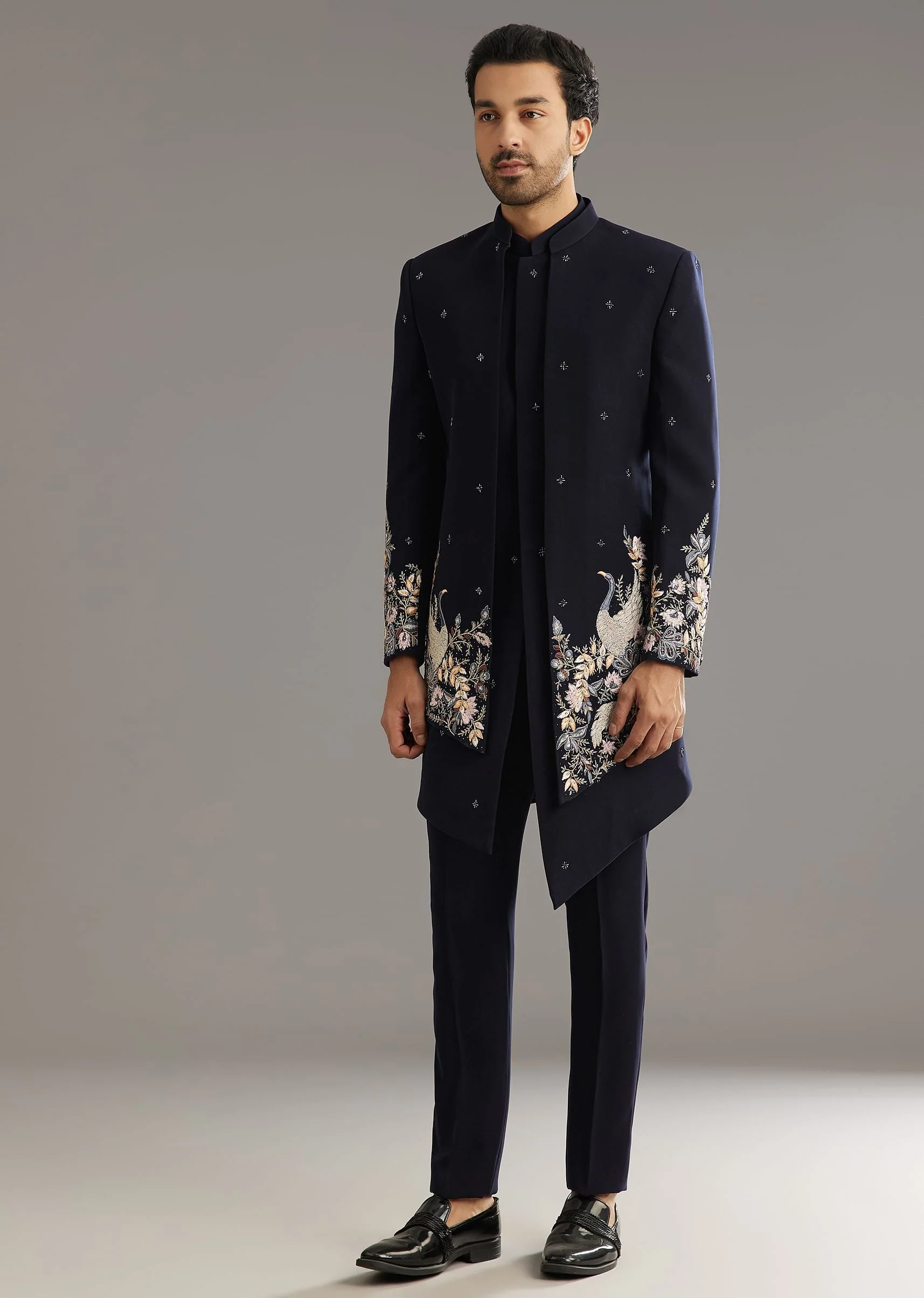 Blue Cutdana Embroidered Indo Western Set With Bird And Floral Motif - Image 2