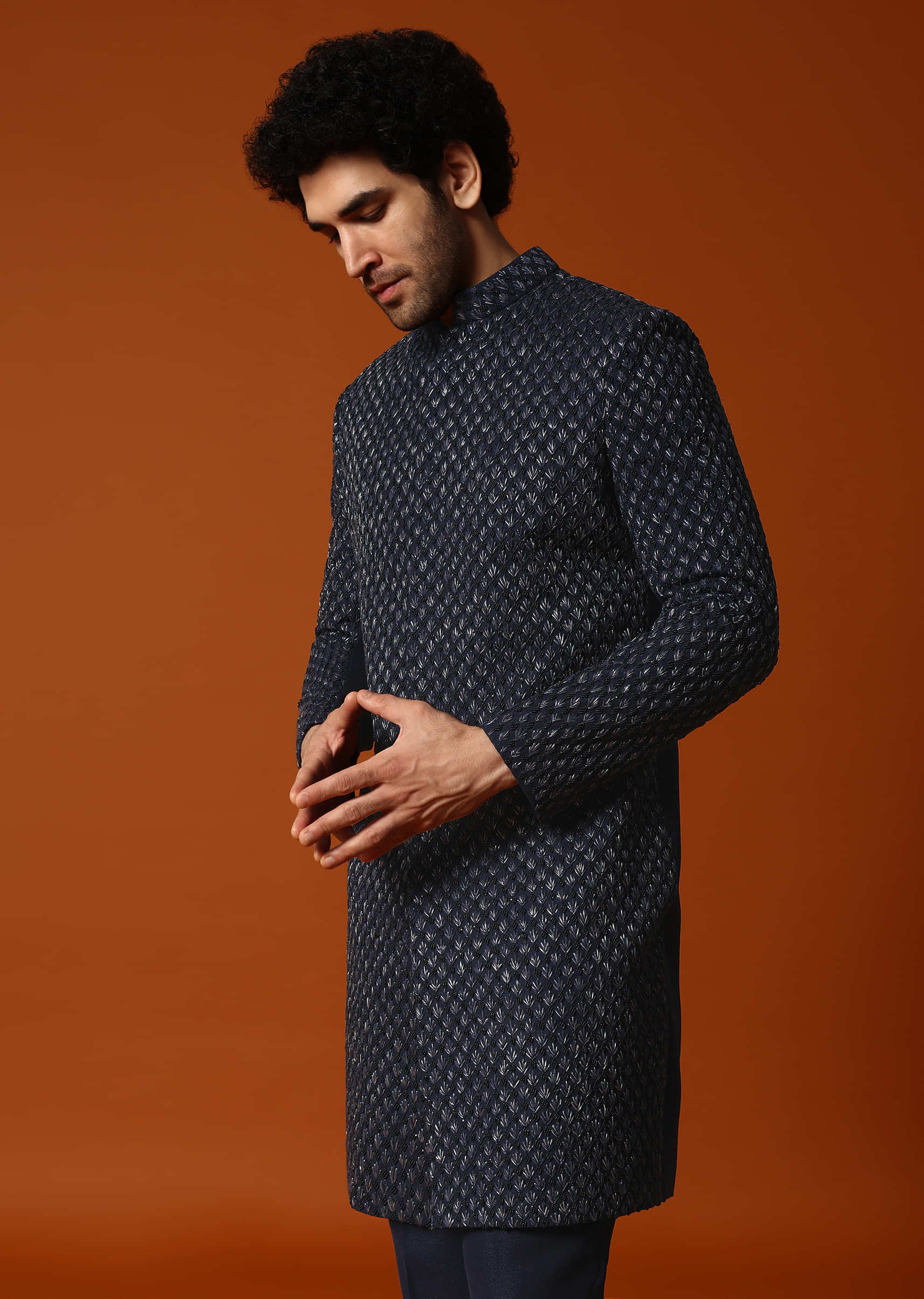 Blue Cutdana Embroidered Indowestern Suit For Men - Image 3