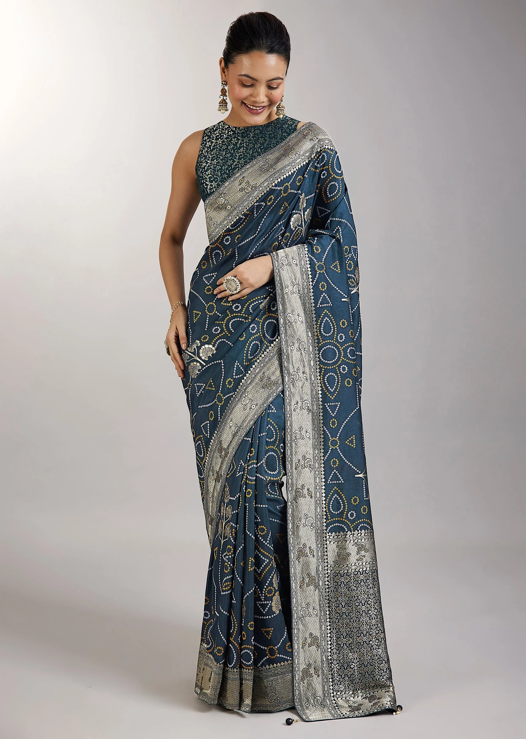 Blue Dola Silk Bandhani Saree - Image 3