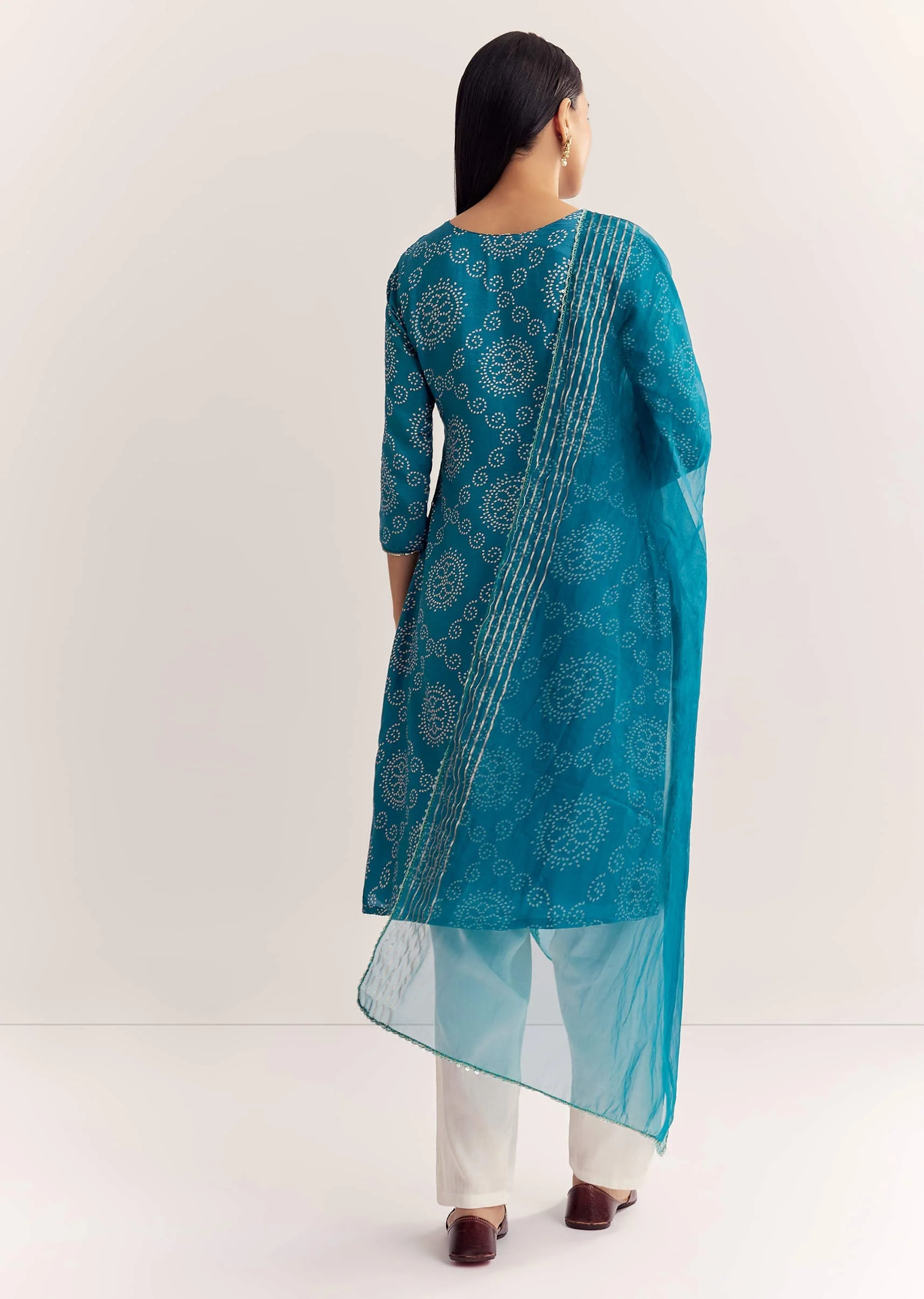 Blue Dola Silk Printed Kurta Dupatta Set With Embroidered Neckline - Image 5
