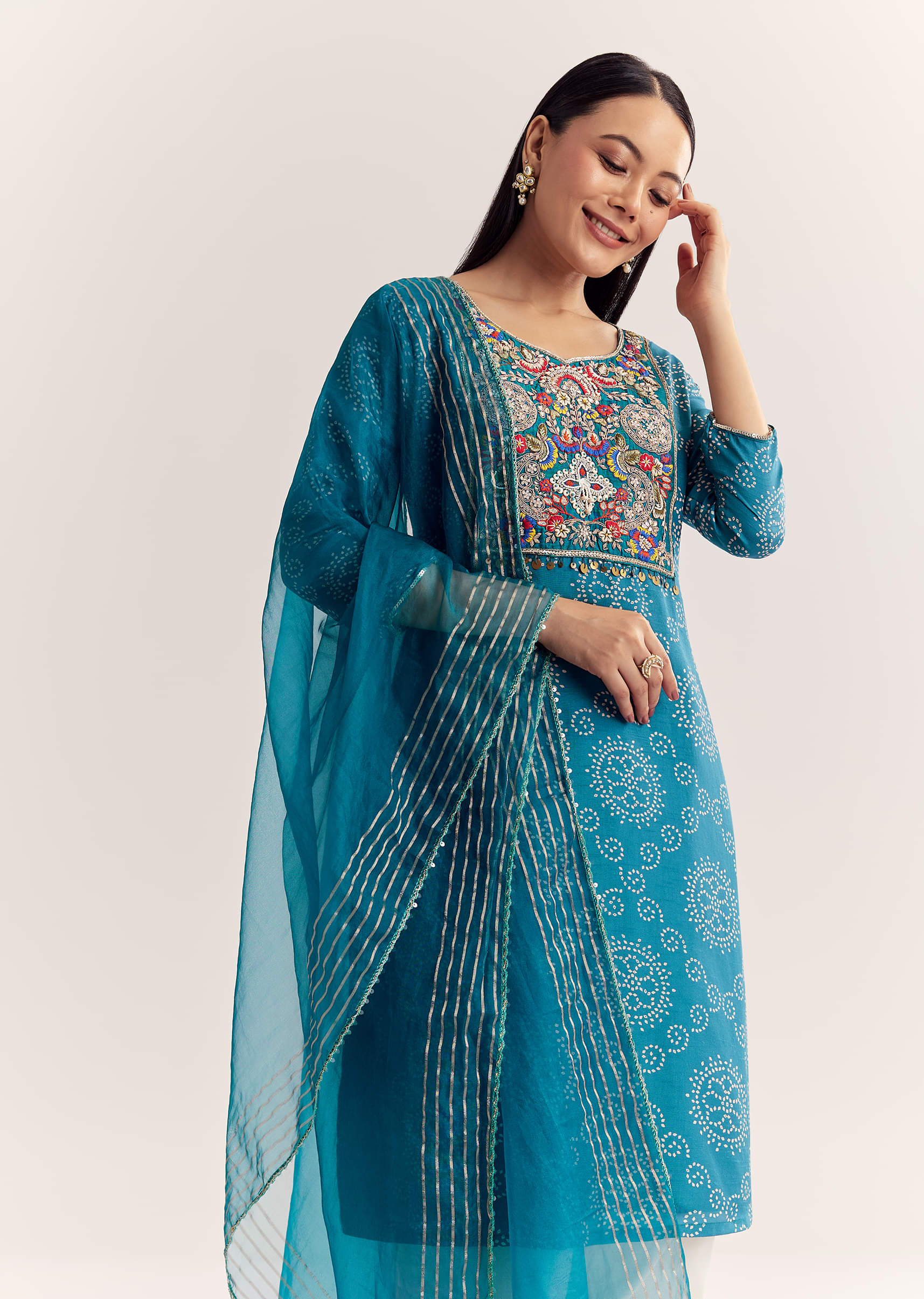 Blue Dola Silk Printed Kurta Dupatta Set With Embroidered Neckline - Image 7