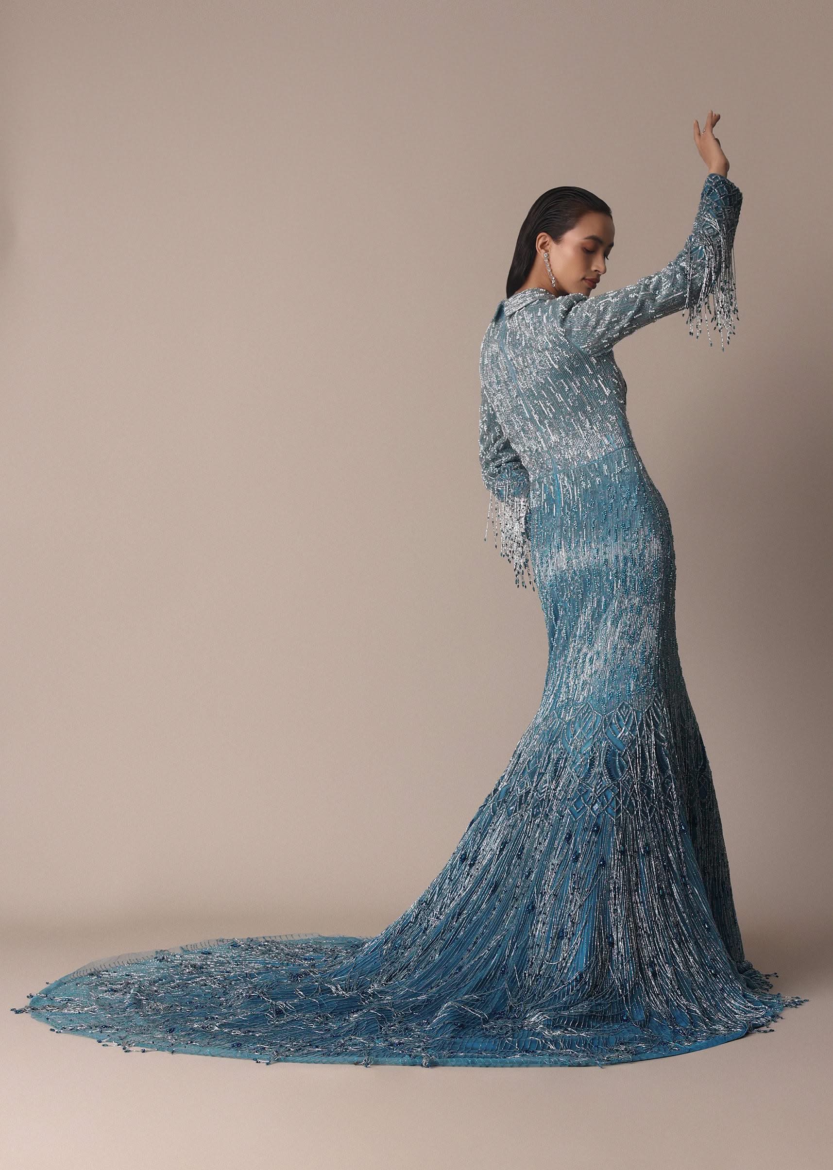 Blue Fish Cut Ombre Trail Embroidered Gown - Image 6
