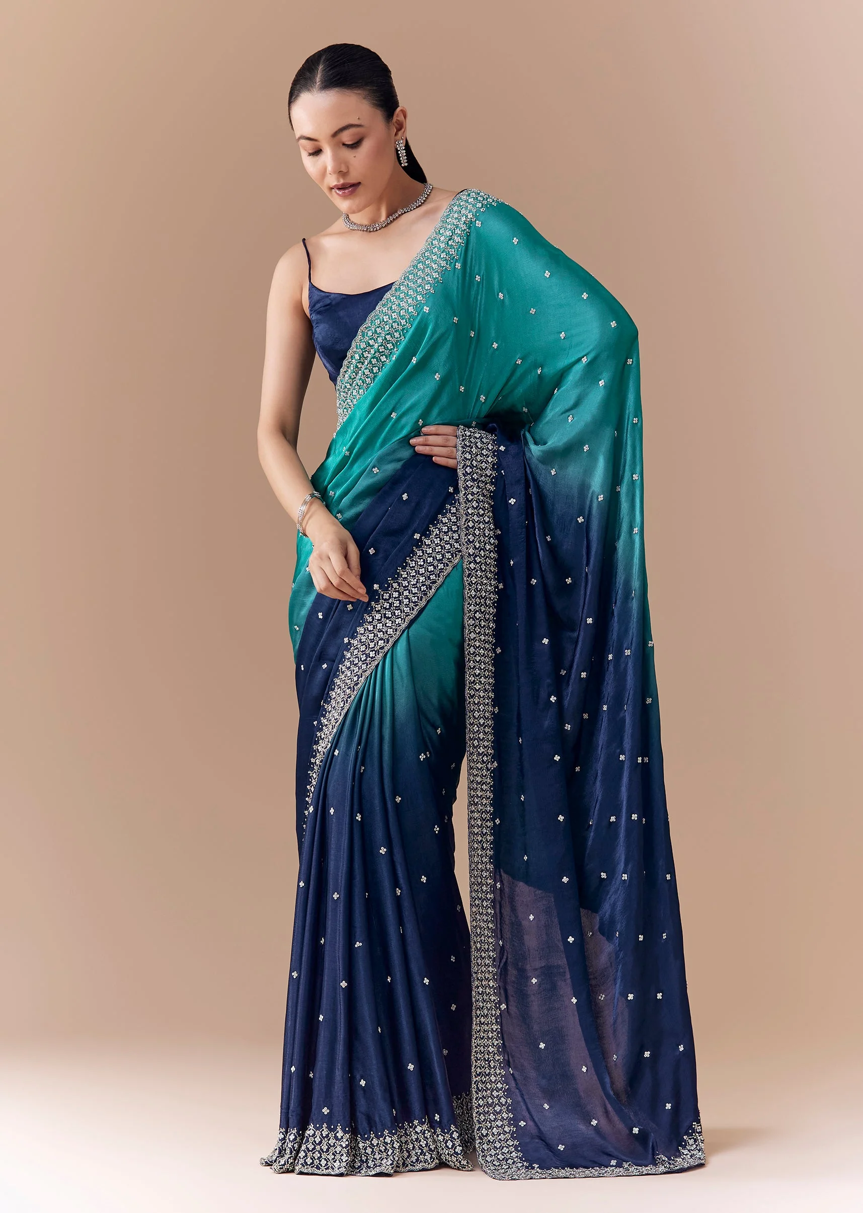 Blue Dual Shaded Embellished Saree with Blouse Fabric - Image 3