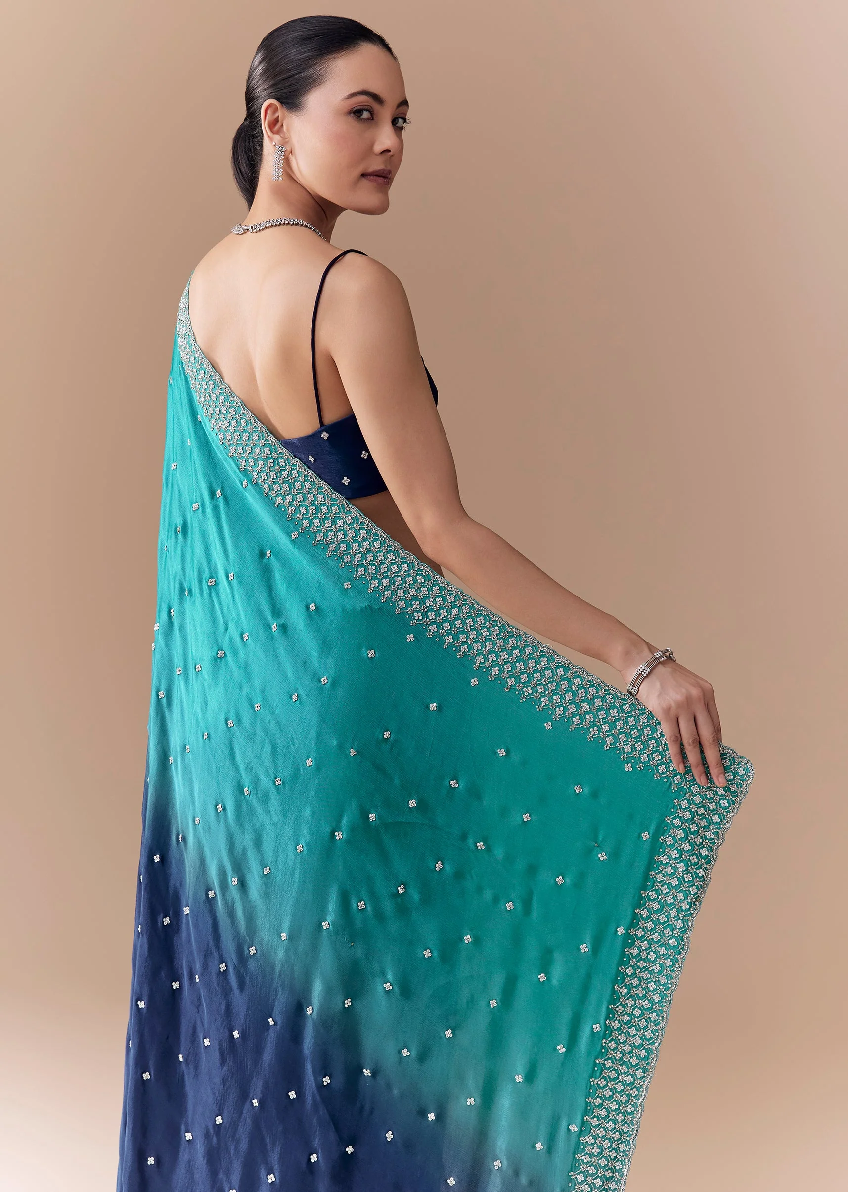 Blue Dual Shaded Embellished Saree with Blouse Fabric - Image 6