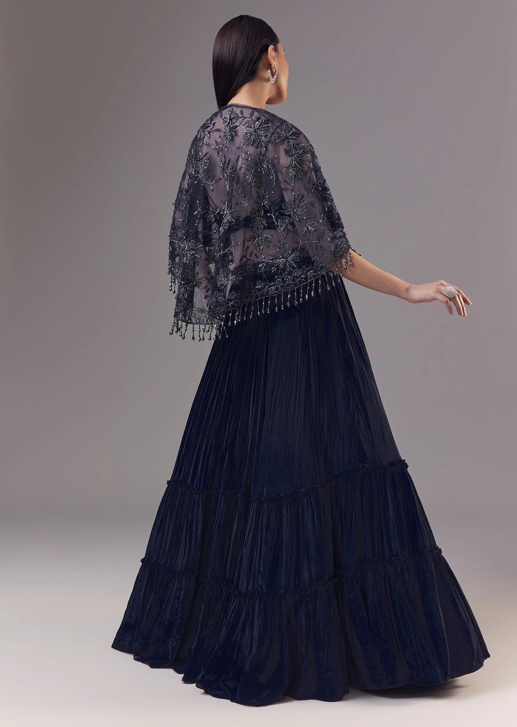 Blue Embellished Cape and Lehenga Set - Image 2