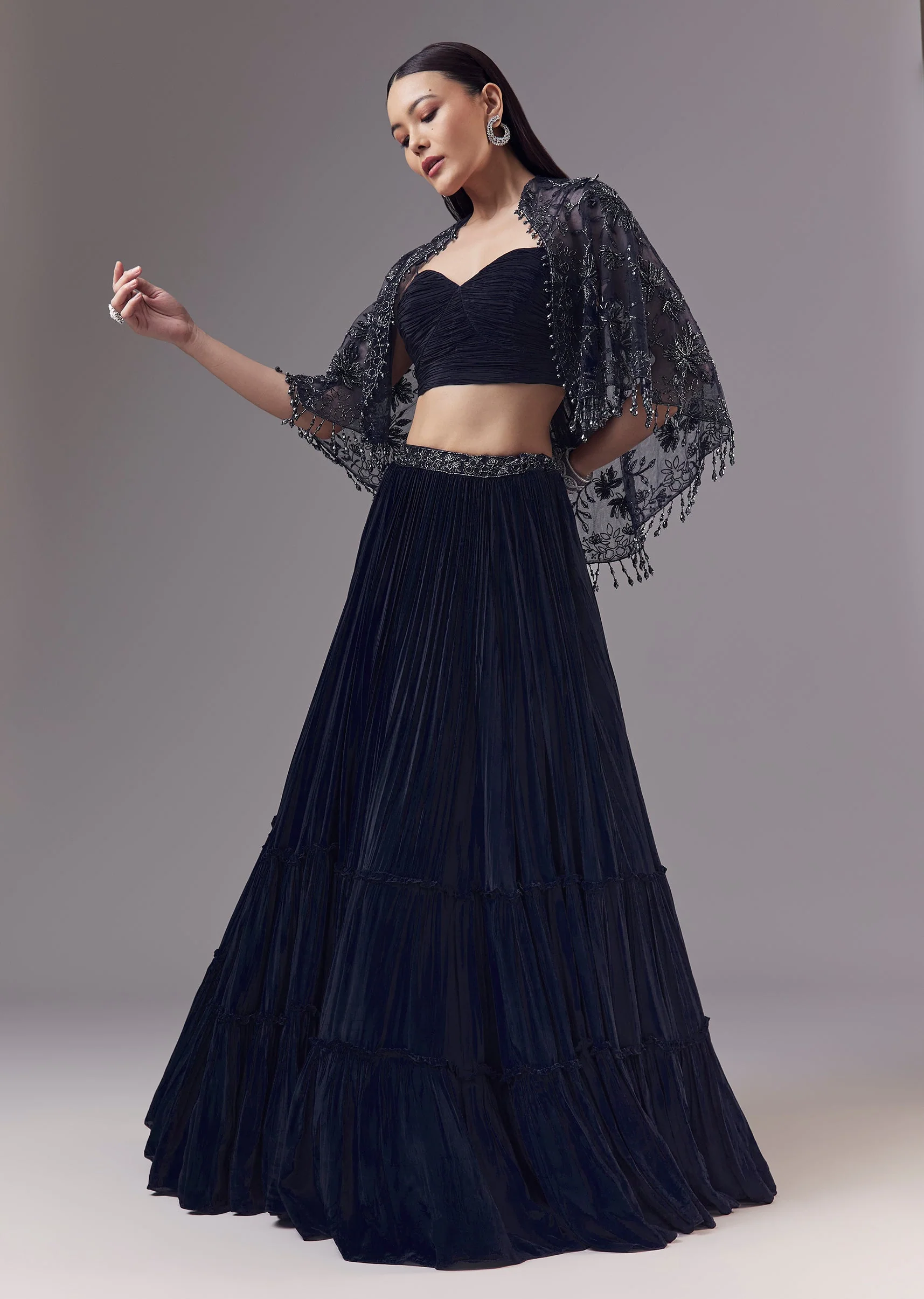 Blue Embellished Cape and Lehenga Set - Image 4