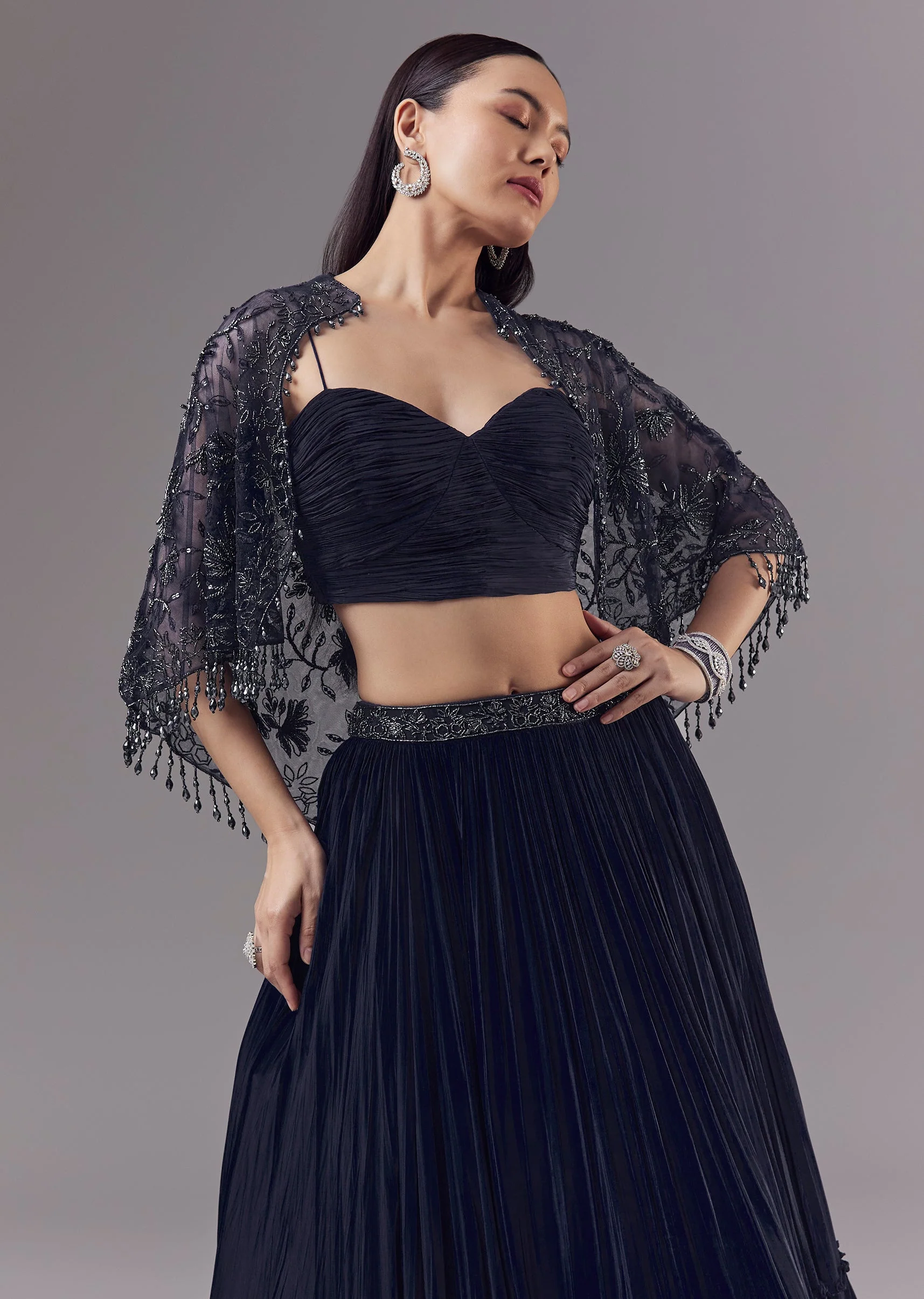Blue Embellished Cape and Lehenga Set - Image 5