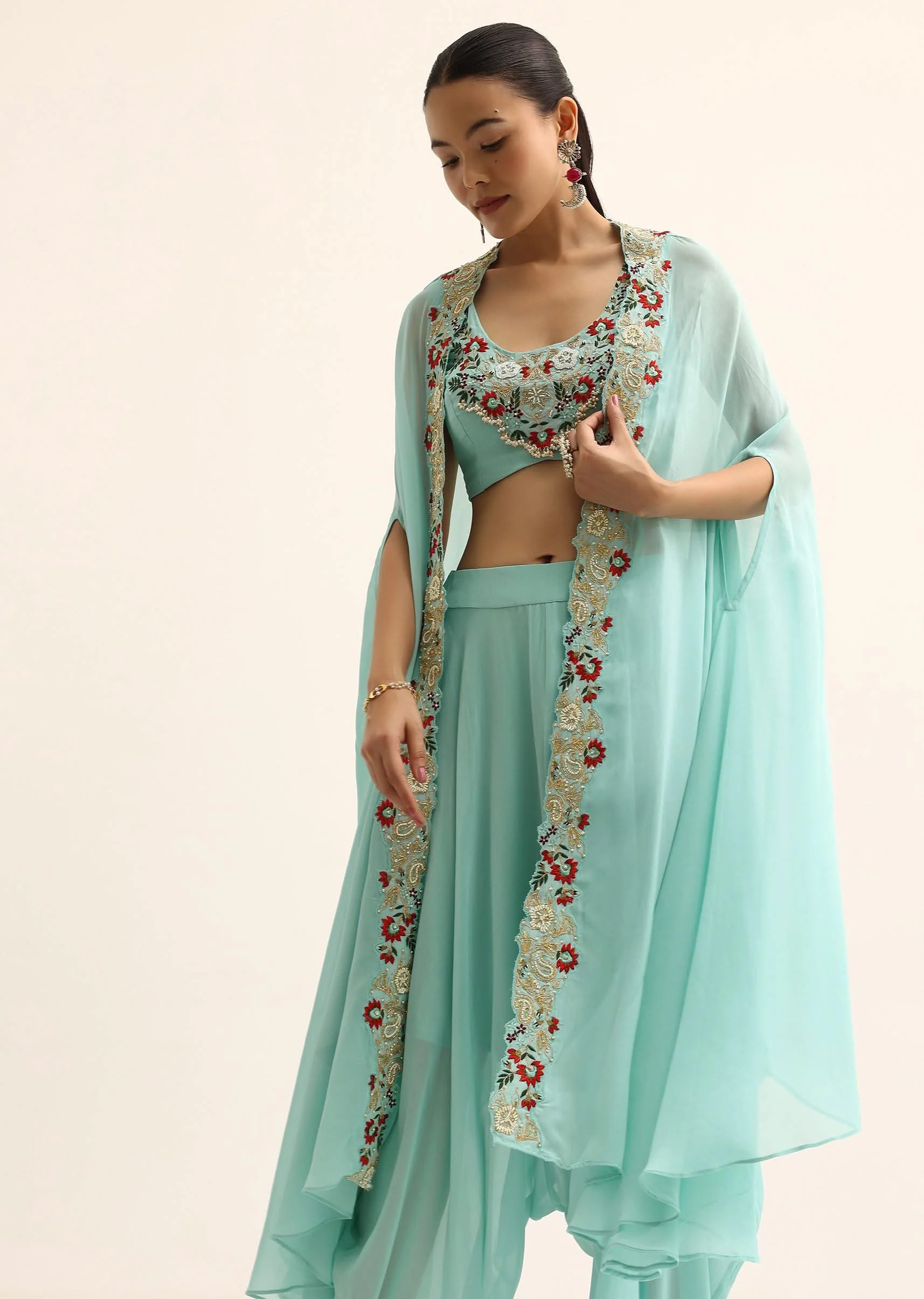 Blue Embellished Crop Top And Dhoti Set - Image 4