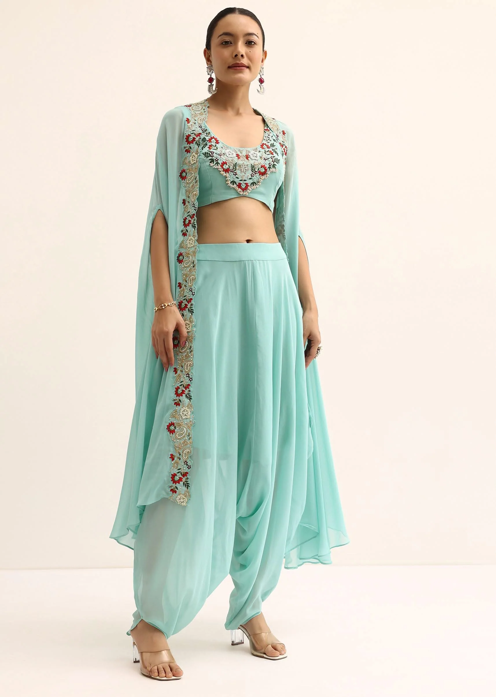 Blue Embellished Crop Top And Dhoti Set - Image 5
