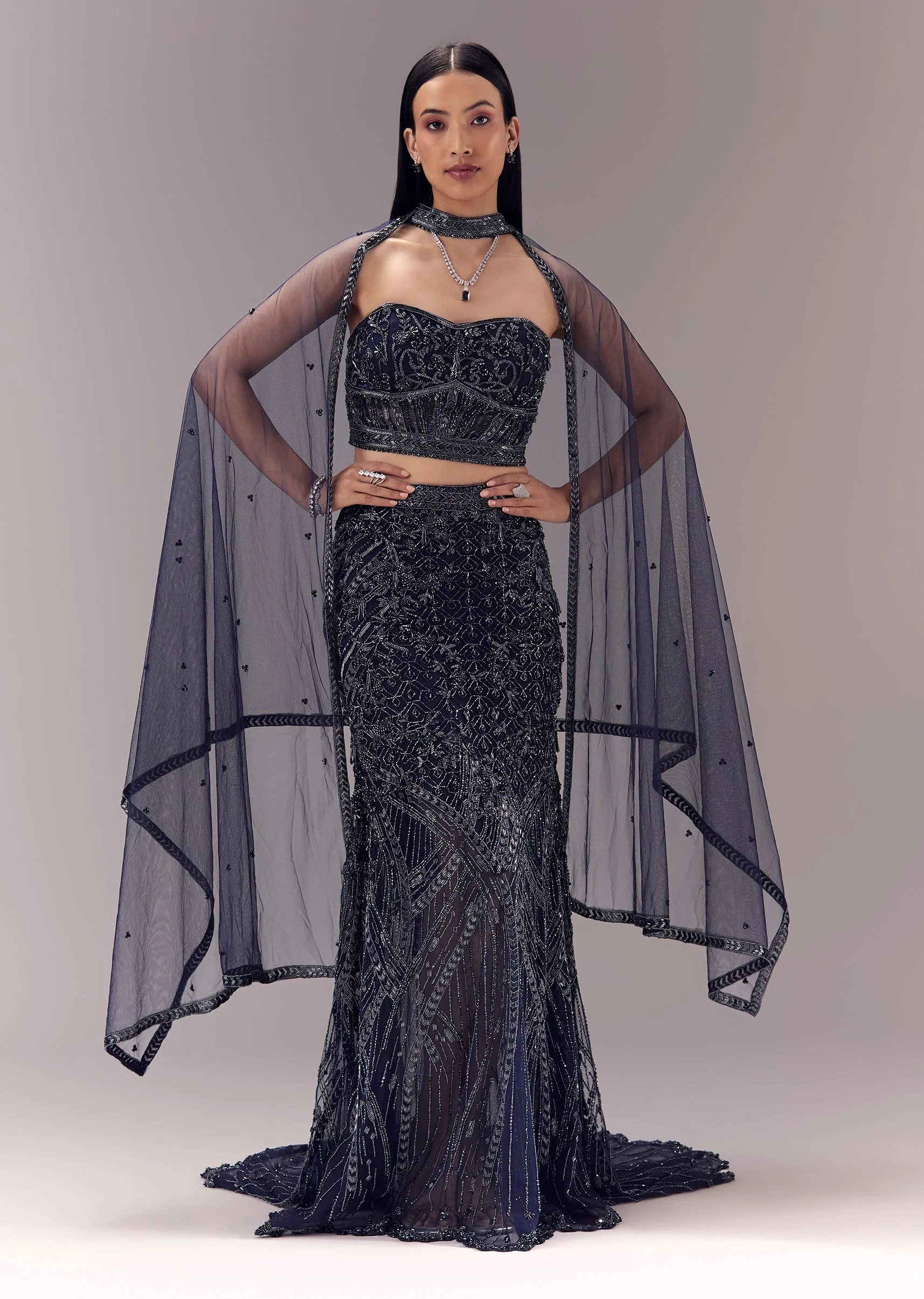 Blue Embellished Fishcut Lehenga with Corset Blouse and Choker Dupatta