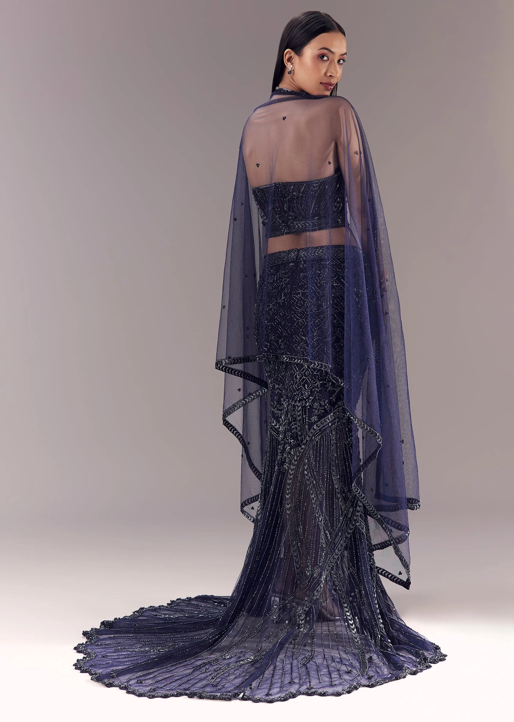 Blue Embellished Fishcut Lehenga with Corset Blouse and Choker Dupatta - Image 2